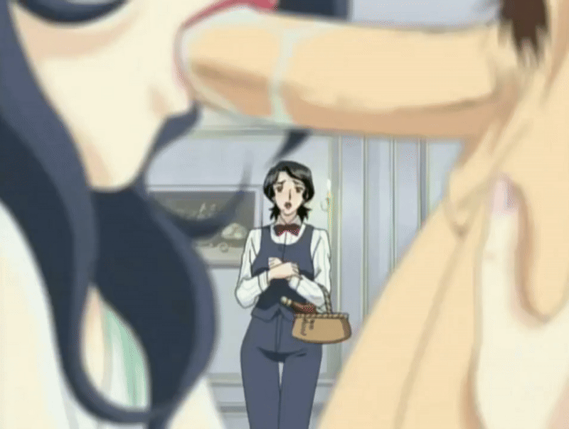 00s 2004 2girls animated basket black_hair blue_hair bowtie clothed_female_nude_male drinking fellatio female foxy_nudes hana_no_joshi_ana:_newscaster_etsuko lipstick long_hair lowres matsuura_(hana_no_joshi_ana) nude oral penis pubic_hair standing swallowing tagme uncensored waitress watching yamanobe_etsuko