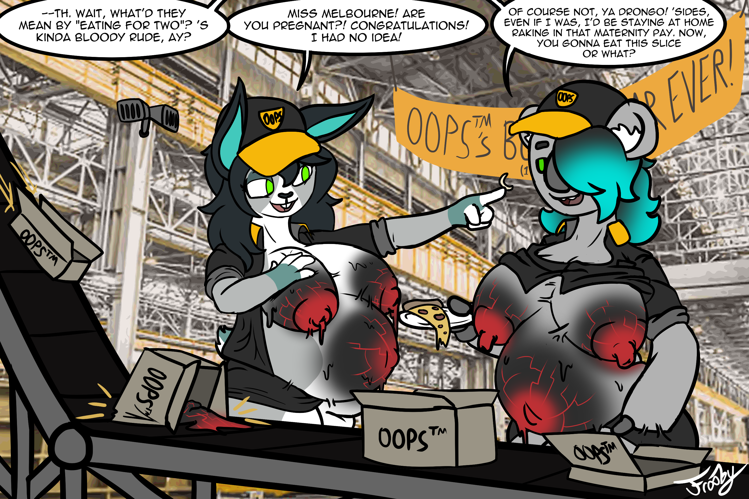 anthro australian big_breasts big_nipples big_nose blue_hair bottomwear box boxing_tape brainwashing breasts bulge clothed clothing container corruption delivery_(commerce) delivery_employee digital_media_(artwork) drip_effect dripping duo english_text erection factory food frooby furry futanari genitals gesture glowing glowing_genitalia goo_creature hand_gesture hat headgear headwear hi_res highlights_(coloring) ill-fitting_clothes intersex koala lagomorph leaking_milk leporid logo logo_parody long_hair mammal marsupial melbourne_(frooby) nanomachines nipples oblivious_to_pregnancy open_mouth package pizza pizza_slice pointing pregnant pregnant_futa pregnant_intersex rabbit rapid_pregnancy shirt skirt smile source_removed spontaneous_pregnancy tail tape text topwear transformation unaware unaware_transformation vombatiform