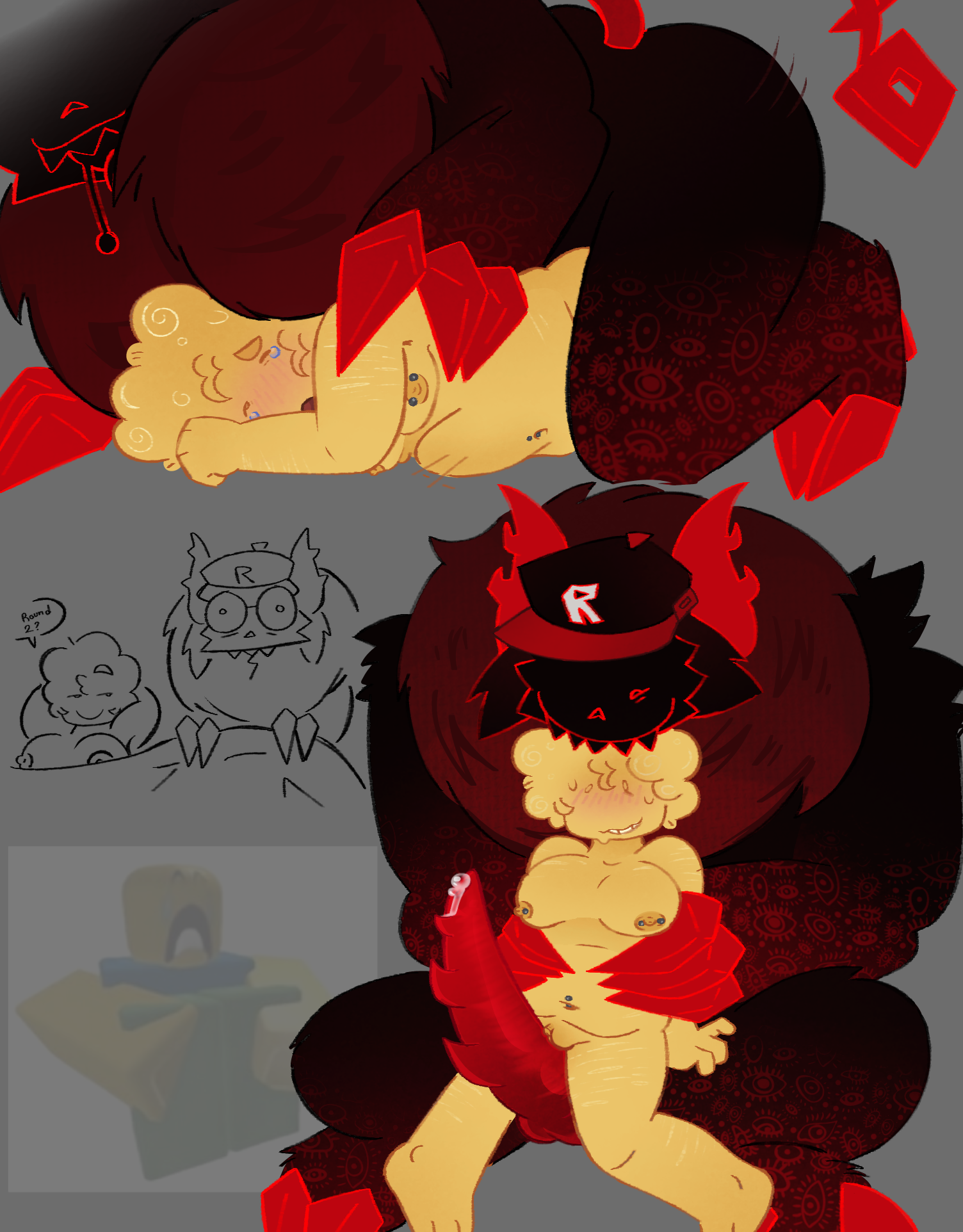 2_horns animal_genitalia animal_penis anthro anthro_penetrating anthro_penetrating_human asking_for_more bed biped black_body black_fur blush bodily_fluids breasts burningb canon_couple cheek_tuft claws clitoris clothing crying curly_hair demon drooling duo facial_tuft fangs female female_penetrated forsaken_(roblox) from_behind_position fur furniture genital_fluids genitals grey_background guest_666_(forsaken) hair hat hat_only headgear headgear_only headwear headwear_only hi_res holding_partner hooves horn human human_on_anthro human_penetrated humor imminent_sex interspecies long_tail looking_at_genitalia looking_at_penis male male/female male_penetrating male_penetrating_female mammal medium_breasts mostly_nude multicolored_body multicolored_fur navel navel_piercing neck_tuft nipple_piercing nipples nonbinary_(lore) noob_(forsaken) noob_(roblox) on_bed open_mouth penetration penile_spines penis piercing precum red_body red_fur red_penis robloxian saliva scar self-harm_scars sex simple_background sitting size_difference smaller_penetrated stomach_bulge sweat tail tears teeth tuft two_tone_body two_tone_fur unguligrade unknown_species yellow_body yellow_skin