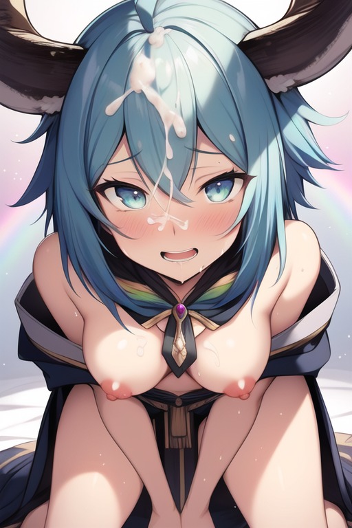 1girls, ai generated, blue hair, cum, exposed breasts, horns, medium breasts, robe, sole female, 