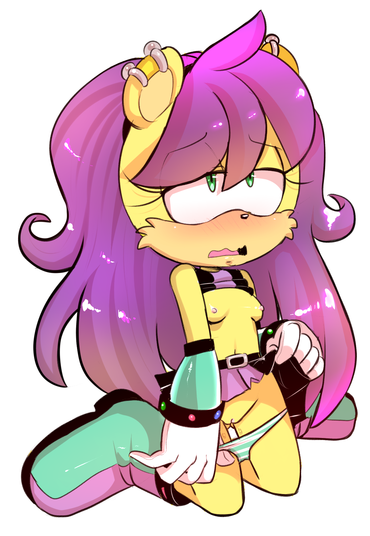 hearlesssoul, mina mongoose, sonic (series), 2016, anthro, areola, blush, breasts, clothed, clothing, clothing lift, female, fur, green eyes, hair, kneeling, mammal, mongoose, navel, nipples, open mouth, panties, panty pull, piercing, presenting, presenting pussy, purple hair, pussy, shirt, shirt lift, skirt, skirt lift, solo, tongue, underwear, undressing, 