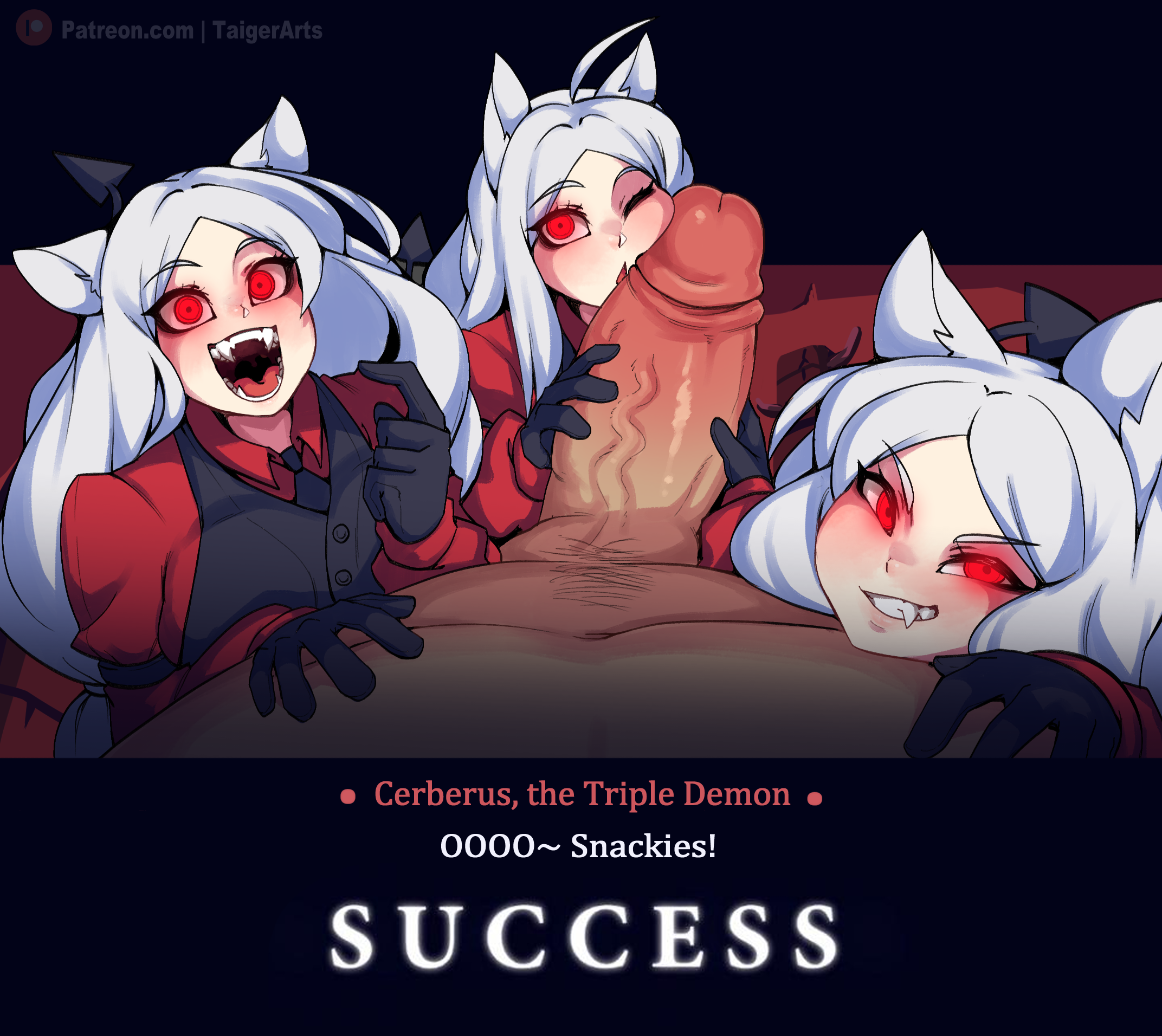taigerarts, cerberus (helltaker), helltaker, tagme, big breasts, dummy thicc, female, thick thighs, 