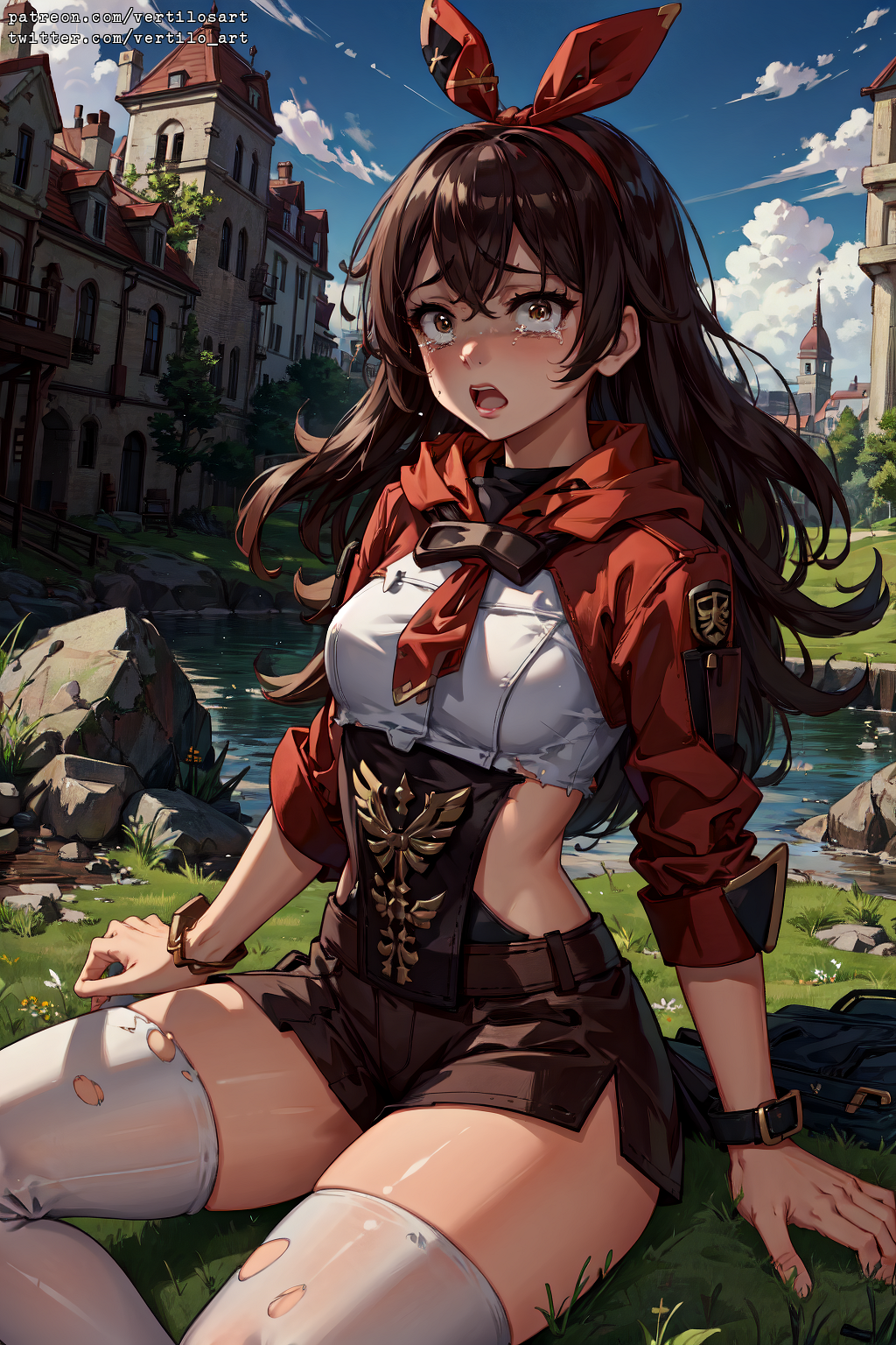 tagme, 1girls, ai generated, amber (genshin impact), crying, genshin impact, open mouth, scared, sitting, solo, tears, torn clothes, vertiloart, 