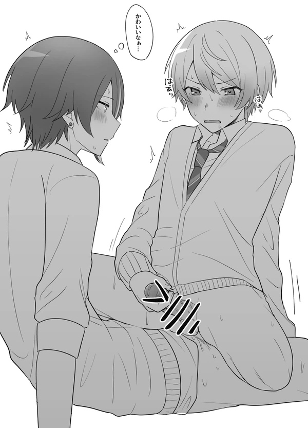 blush, gay, kamishiro rui, narrowed eyes, project sekai, school uniform, stroking penis, tenma tsukasa, 