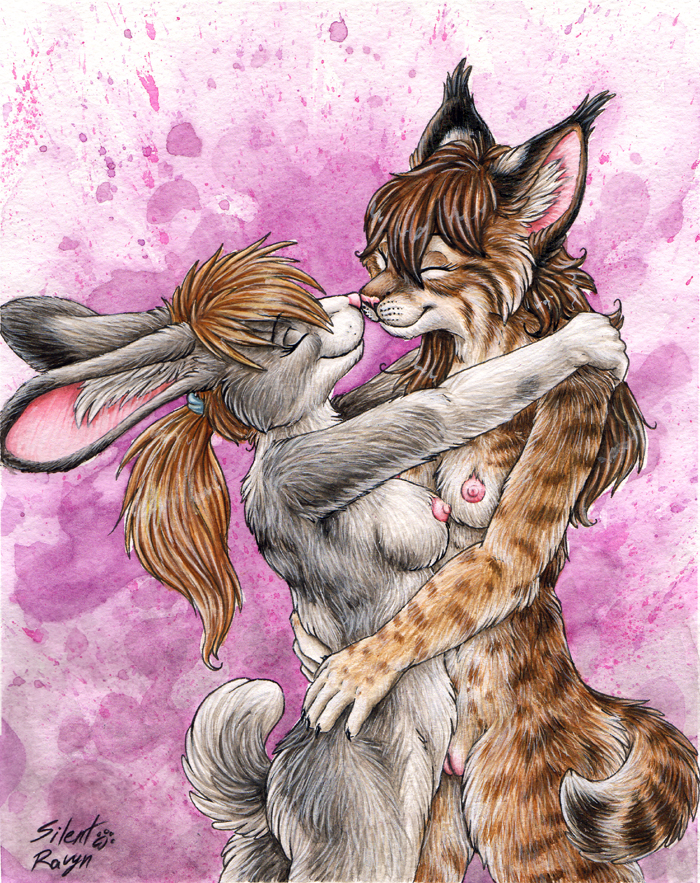 silentravyn, anthro, bobcat, breasts, closed eyes, cute, female, friends, fur, furry, hug, lagomorph, love, nipples, nose to nose, nude, nuzzle, pussy, rabbit, tail, yuri, 