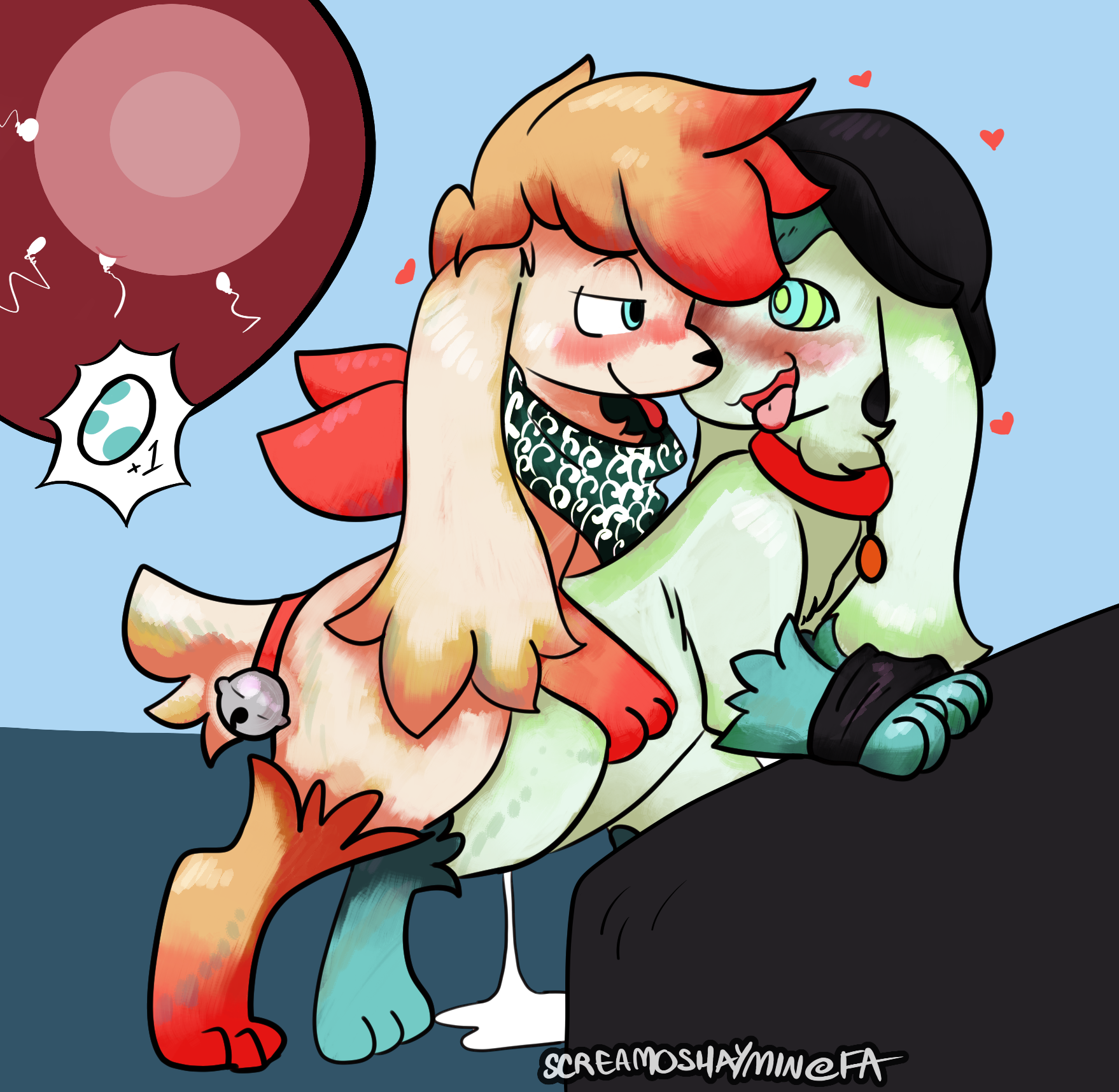 screamoshaymin, original character, shaymin, nintendo, pokemon dppt, blue background, hi res, rule 63, watermark, 1boy, 1girls, all fours, alternate color, ass, bell, blue eyes, blue fur, blue hair, bodily fluids, bondage, collar, cum, cum inside, doggy style, eye contact, feet, female, feral, feral on feral, from behind position, fur, furry, genital fluids, green fur, hair, half-closed eyes, hat, heart, hypnosis, impregnation, legs tied, male, mind control, nico (shaymin), nude, open mouth, orange fur, orange hair, ovum, paws, penis, pokemon, red fur, scarf, sex, side view, smile, sperm cell, spiral eyes, spoken heart, straight, thick thighs, tongue, tongue out, vaginal penetration, video games, white fur, 