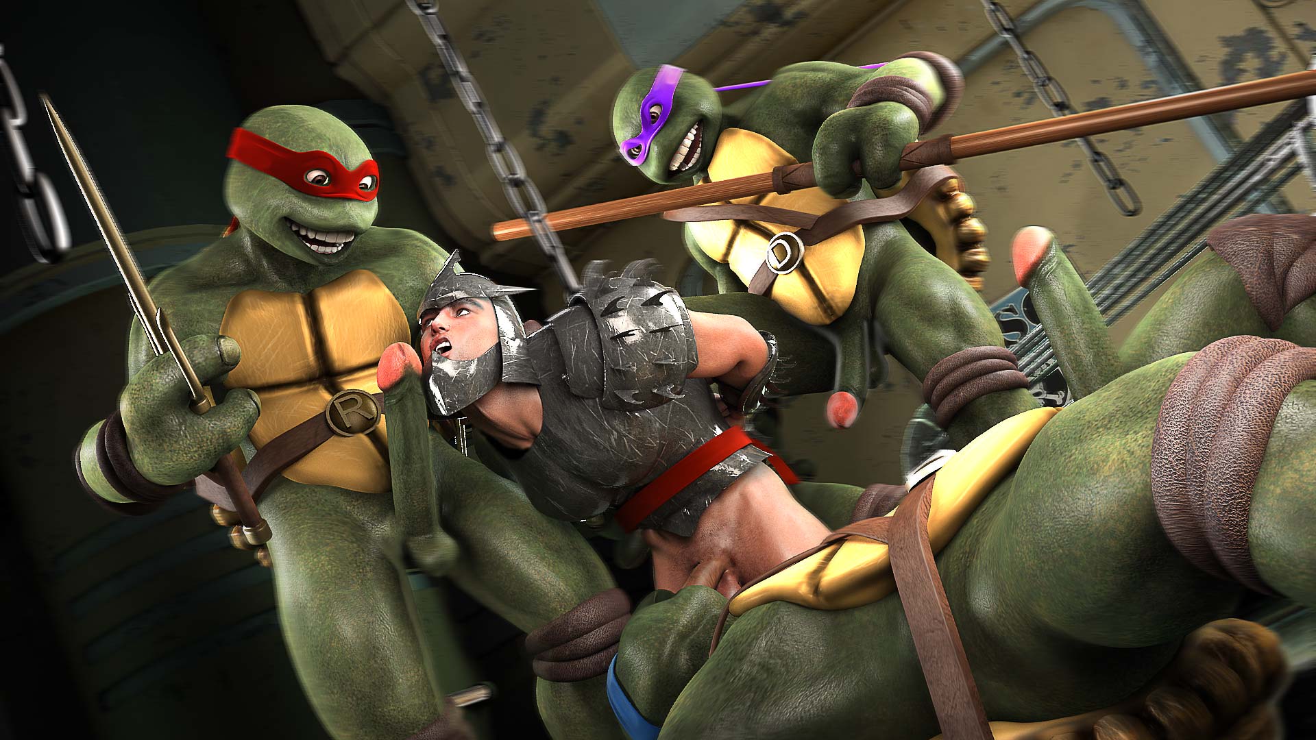 unknown artist, donatello, leonardo, raphael, the shredder, teenage mutant ninja turtles, 3d, 4boys, balls, fellatio, human, male, male only, penis, turtle, 