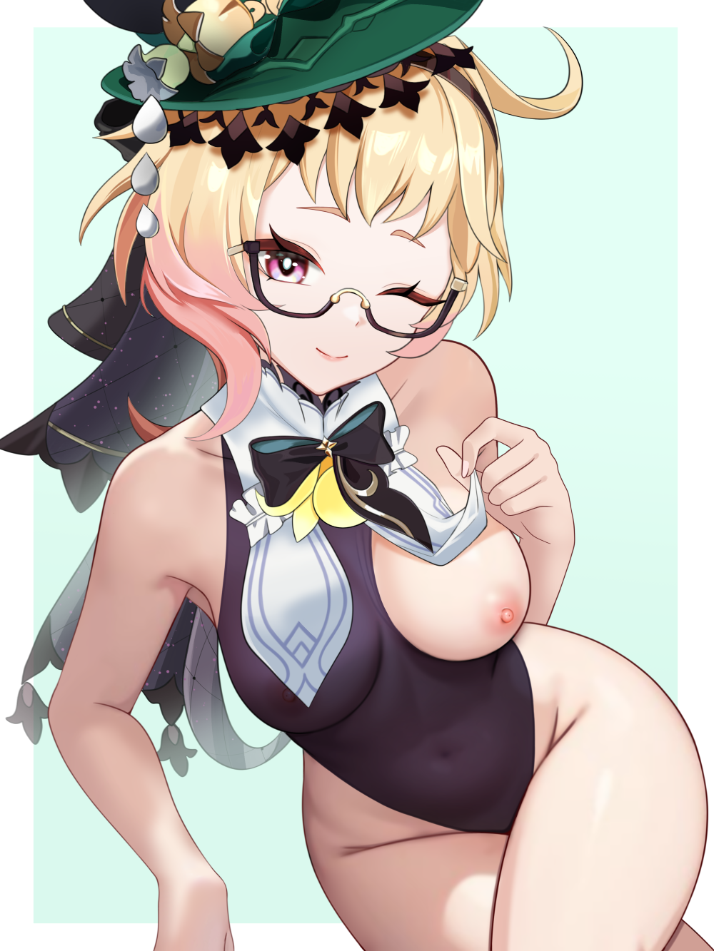 1girls areolae artist_request blonde_hair bow bowtie breasts emilie_(genshin_impact) female female_only genshin_impact glasses hat hat_ornament leotard lifting_clothing medium_breasts mostly_clothed nipples one_breast_out one_eye_closed partially_nude pink_eyes ribbon see-through_clothing short_hair smile smiling thick_thighs thighs thighs_together