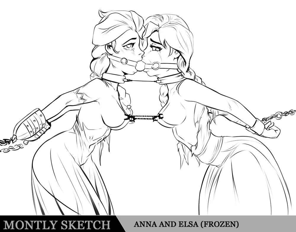 saneperson, anna (frozen), elsa (frozen), disney, 2girls, bondage, collar, frozen...