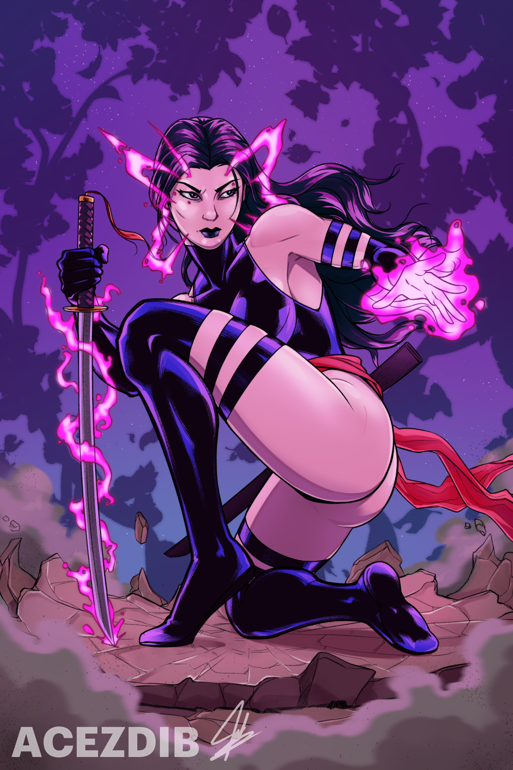 1girls 2024 acezdib action_pose arm_strap arm_straps armpit artist_name ass breasts clothed clothing crouching curvy elbow_gloves energy esper female female_ninja female_only holding_katana holding_melee_weapon holding_sword holding_weapon katana kunoichi large_ass large_breasts light-skinned_female light_skin looking_away magic marvel marvel_comics melee_weapon ninja pink_energy psychic_powers psylocke_(kwannon) purple_elbow_gloves purple_hair purple_lipstick purple_thighhighs questionable red_sash sash scabbard side_view sleeveless_leotard solo solo_female starry_background stars superheroine superpowers sword thigh_strap thigh_straps thighhighs thong_leotard weapon x-men