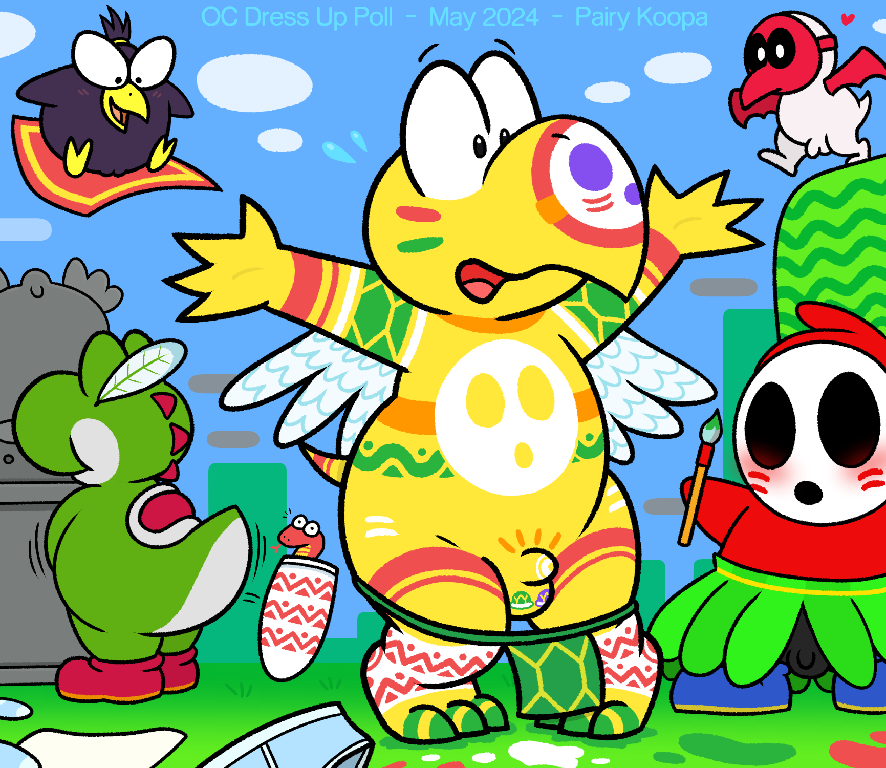 accessory avian balls bat_wings bird blush bodily_fluids bodypaint bottomwear brush clothing cloud cobrat corvid corvus_(genus) day discarded_clothing exhibitionism fan_character feather_in_hair feathers female flaccid footwear genitals grass green_yoshi hair hair_accessory hairband heart_symbol hi_res humanoid koopa koopa_troopa loincloth magic_carpet male mario_(series) mask membrane_(anatomy) membranous_wings nintendo nishi_oxnard nude nude_female nude_male open_mouth open_smile oscine outside paintbrush paratroopa passerine penis pidgit plant pussy raphael_the_raven raven reptile scalie sculpture scutes shoes shy_guy sitting sky small_penis smile snake spear_guy standing statue super_mario_bros. super_mario_bros._2 sweat sweatdrop tweeter underwear village_leader_yoshi wings yoshi