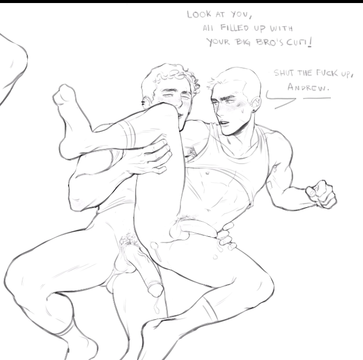 2boys after_anal after_orgasm after_sex andrew_(duck_deans) big_brother blush bottomless_male brother brother/brother brother_fucking_brother brother_on_brother cum_dripping_from_ass cum_dripping_from_penis duck_deans foreskin fucked_from_behind gaping_anus gay gay_anal gay_incest gay_sex hairy humor incest jacob_(duck_deans) leaking_cum leg_grab leg_lift legs_apart legs_spread lifting_leg male male/male male_only muscles oc penis penis_size_difference retracted_foreskin shirt_lift sketch socks uncircumcised white_background