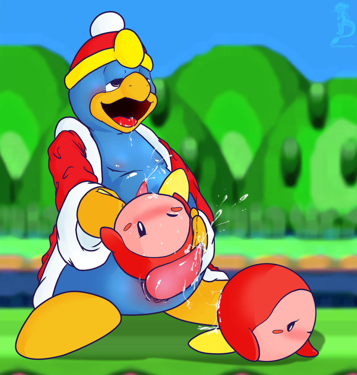 2008 anthro avian bird blue_body blush clothing digital_drawing_(artwork) digital_media_(artwork) group hat headgear headwear hi_res king_dedede kirby_(series) male mammal multicolored_body nintendo orange_body overweight penguin pink_body smile stormdragonblue waddle_dee waddling_head
