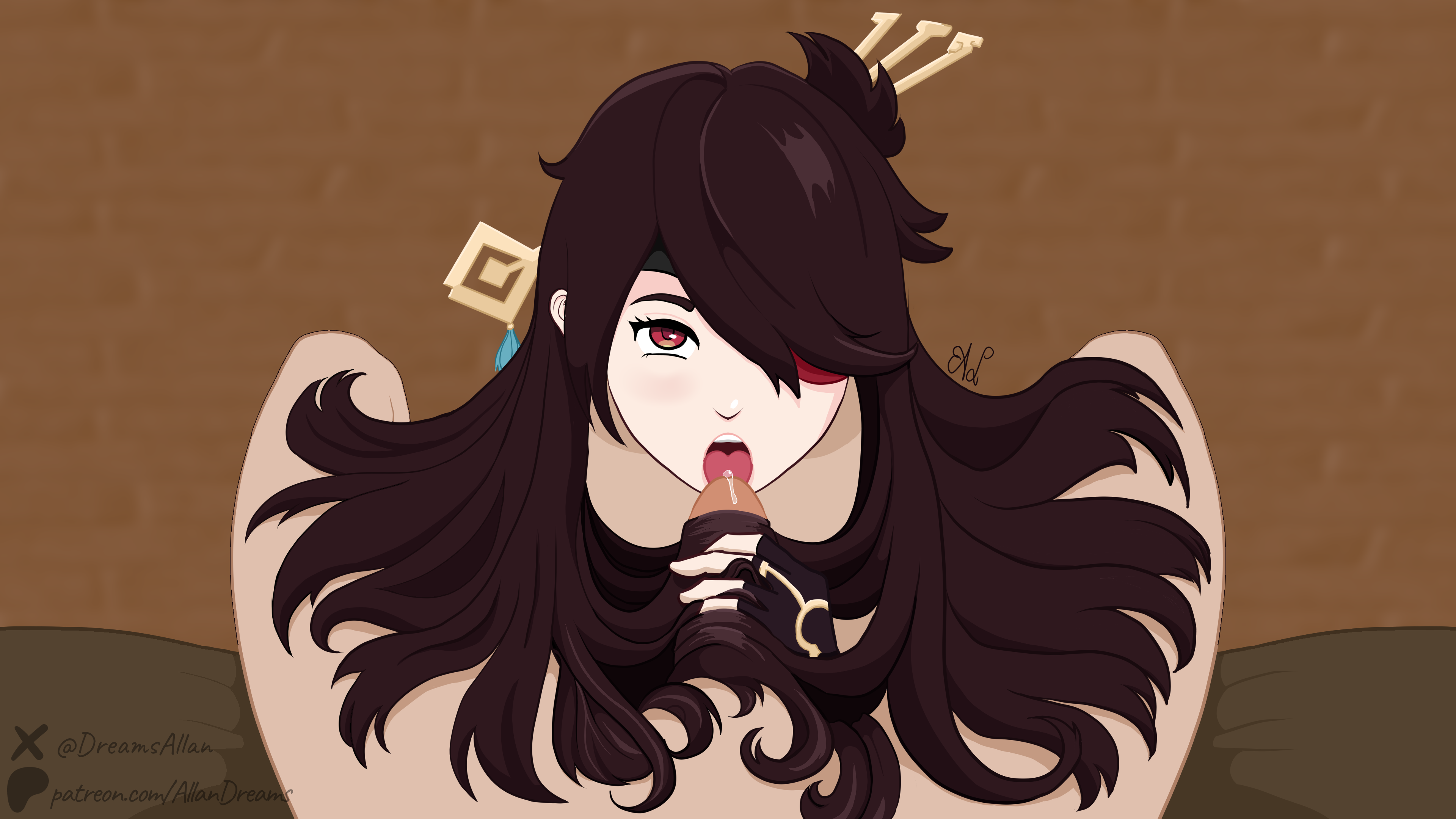 1girls artist_name bangs bangs_over_one_eye beidou_(genshin_impact) black_headband brown_hair brunette brunette_hair dick eyepatch female female_focus genshin_impact hair hair_fetish hair_ornament hair_over_one_eye hair_stick hairjob half_updo headband hi_res high_resolution highres long_hair male open_mouth oral oral_sex penis pov precum red_eyes tongue