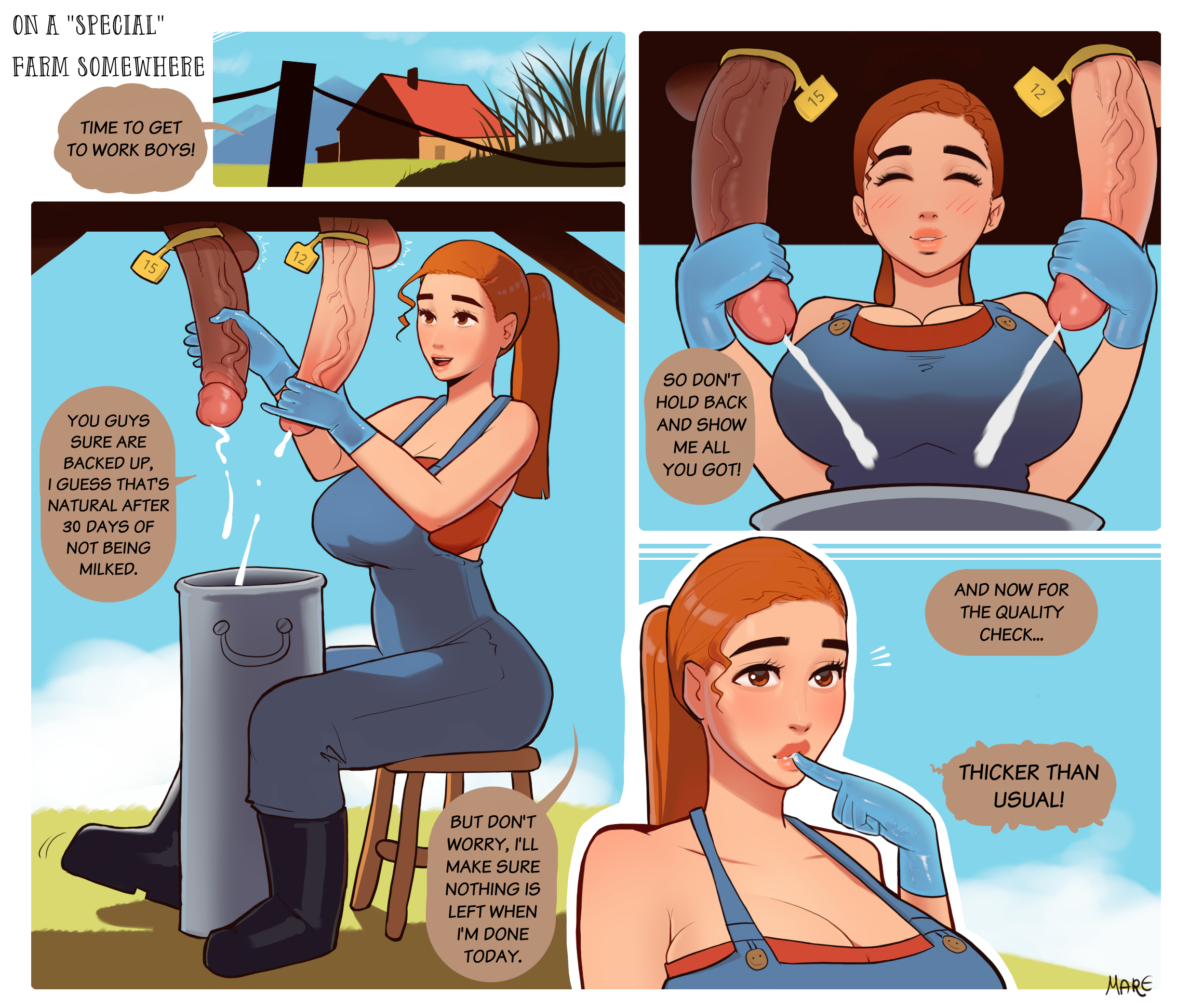 mare ten, speech bubble, text, 1girl, 2boys, bbc, breeding, bwc, cum, dark-skinned male, dialogue, ejaculation, erect penis, erection, faceless male, farm, farmgirl, female, femdom, large penis, masturbation, milking, orgasm, ponytail, red hair, 