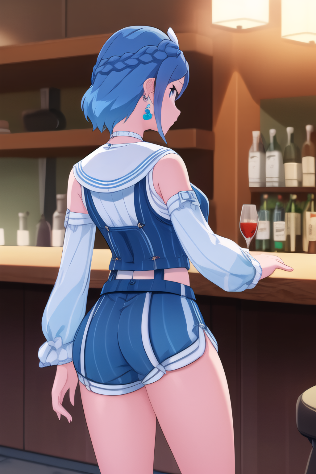 ai generated, ass, bare shoulders, blue eyes, blue hair, blush, breasts, detached sleeves, female, from behind, genshin impact, half updo, idyia (genshin impact), looking at viewer, looking back, medium breasts, shiny, shiny clothes, shiny hair, shiny skin, short hair, short shorts, shorts, sideboob, solo, 