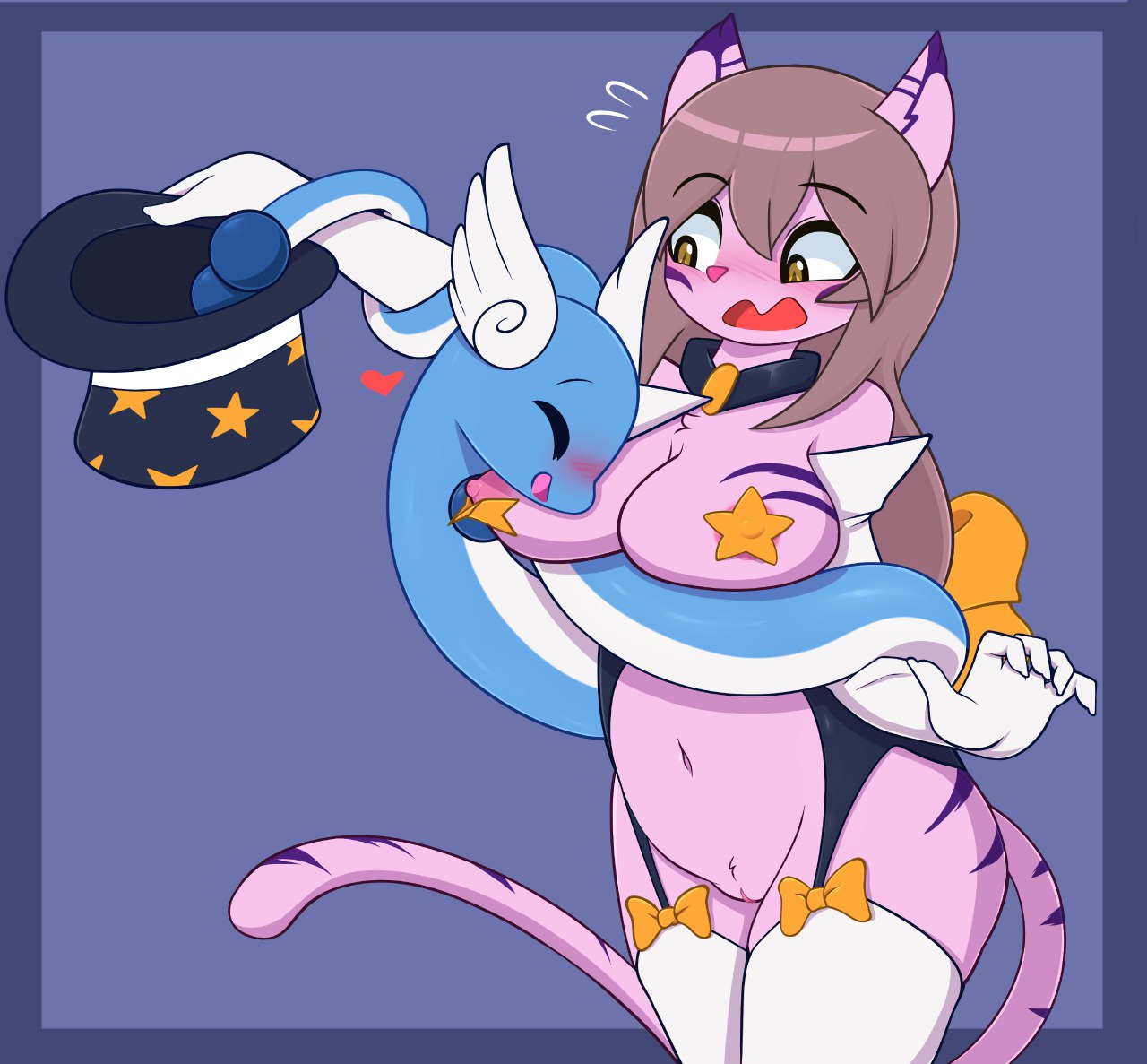 pinkcappachino, dragonair, original character, nintendo, pokemon rgby, 2018, purple background, simple background, 1girls, ambiguous gender, anthro, areola, areola slip, armwear, ass, belly, blue skin, blush, bottomless, breasts, brown eyes, brown hair, chubby, closed eyes, clothed, clothing, collar, duo, elbow gloves, embarrassed, erect nipples, eyebrows, feline, female, feral, feral on anthro, fur, furry, garter, gloves, hair, hat, heart, holding object, horn, hug, humanoid hands, ineffective clothing, interspecies, large ass, large breasts, legwear, long hair, magenta johnson, magician, mammal, mostly nude, multicolored fur, navel, nipple bulge, nipple slip, nipples, open mouth, pasties, pink areola, pink fur, pink nipples, pink nose, pink pussy, pokemon, purple fur, purple stripes, pussy, ribbons, scalie, size difference, standing, star pasties, striped fur, stripes, tail, tail wrap, thigh highs, tongue, top hat, video games, wardrobe malfunction, white gloves, white stockings, wide hips, wings, zoophilia, 
