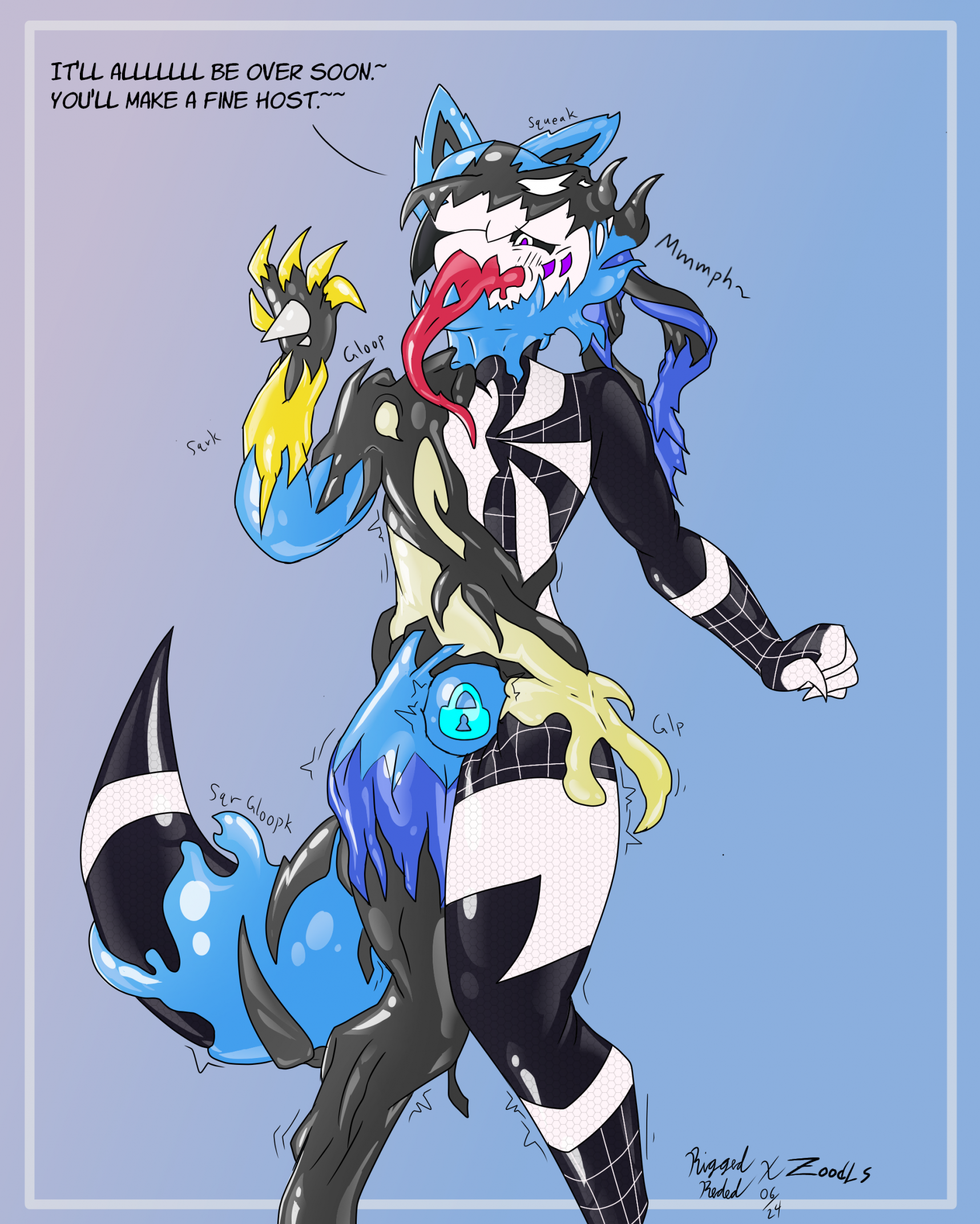 2024 clothing corruption dialogue forced_transformation generation_4_pokemon goo_creature goo_transformation hi_res latex latex_clothing latex_skinsuit lucario male male_only nintendo null_bulge orgasm_denial pokemon pokemon_(species) resisting riggedreded skinsuit struggling symbiote tendrils tight_clothing transformation