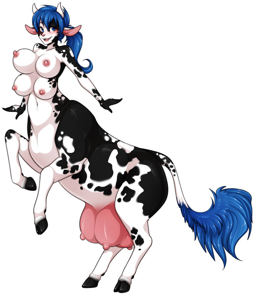 4 breasts, blue hair, breast, breasts, centaur, cow girl, cow horns, cow ta...