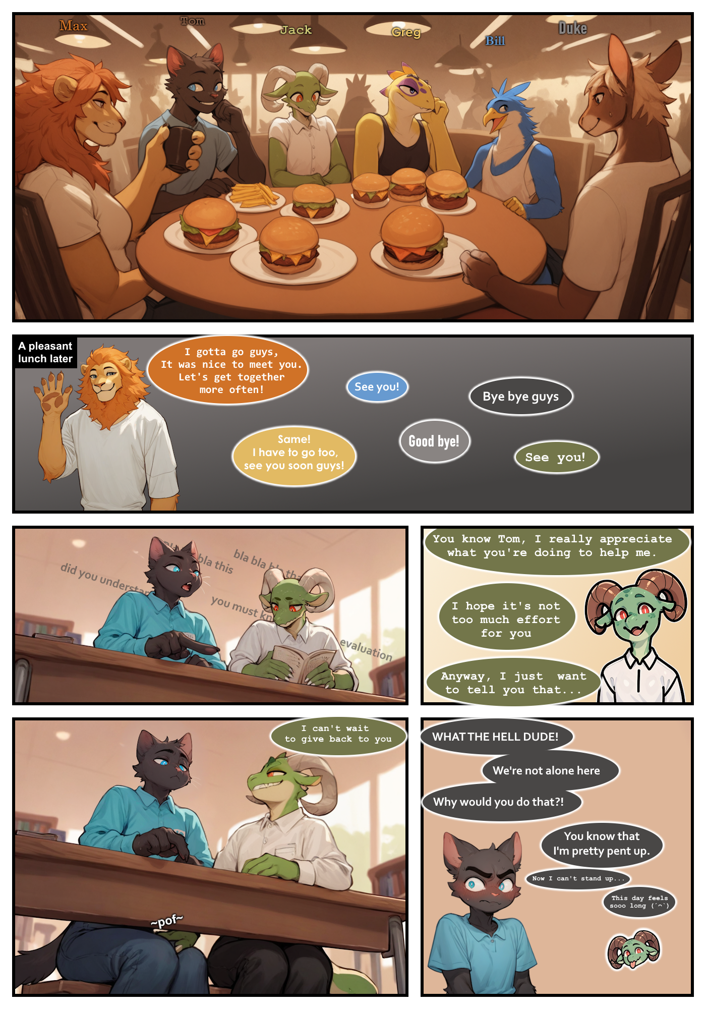 ai_assisted ai_generated anthro aroused asinus avian bill_(nonimousmate) comic comic_page domestic_cat donkey duke_(nonimousmate) eating equid equine felid feline felis gecko greg_(nonimousmate) group hand_on_leg hi_res jack_the_kobold kobold library lion lizard male male/male mammal max_(nonimousmate) nonimousmate pantherine public reptile restaurant scalie tom_the_cat