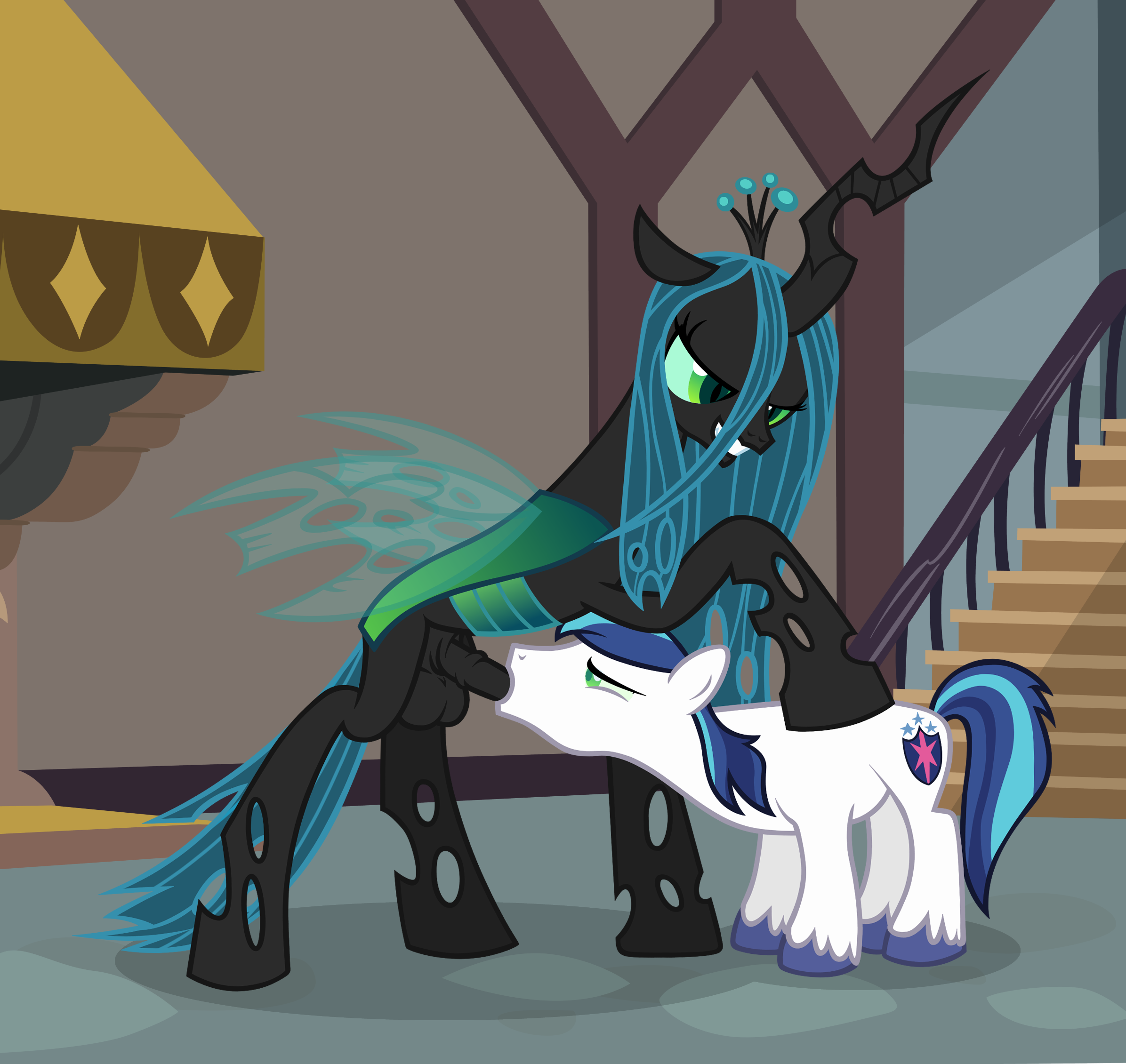 queen chrysalis, friendship is magic, my little pony, 1boy, black penis, blue hair, changeling, duo, fellatio, female, femsub, futa on male, futadom, futanari, green eyes, hair, intersex, male, malesub, mind control, oral, penis, pony, 