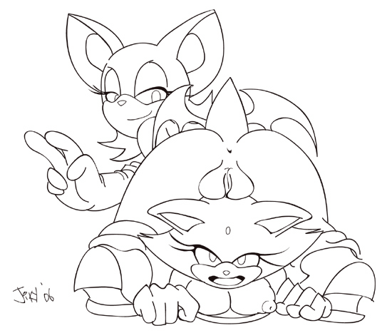 jiky, blaze the cat, rouge the bat, sonic (series), monochrome, tagme, anthro, anus, bat, breasts, cat, clothes, feline, female, female only, fur, furry, interspecies, multiple females, nude, vulva, yuri, 