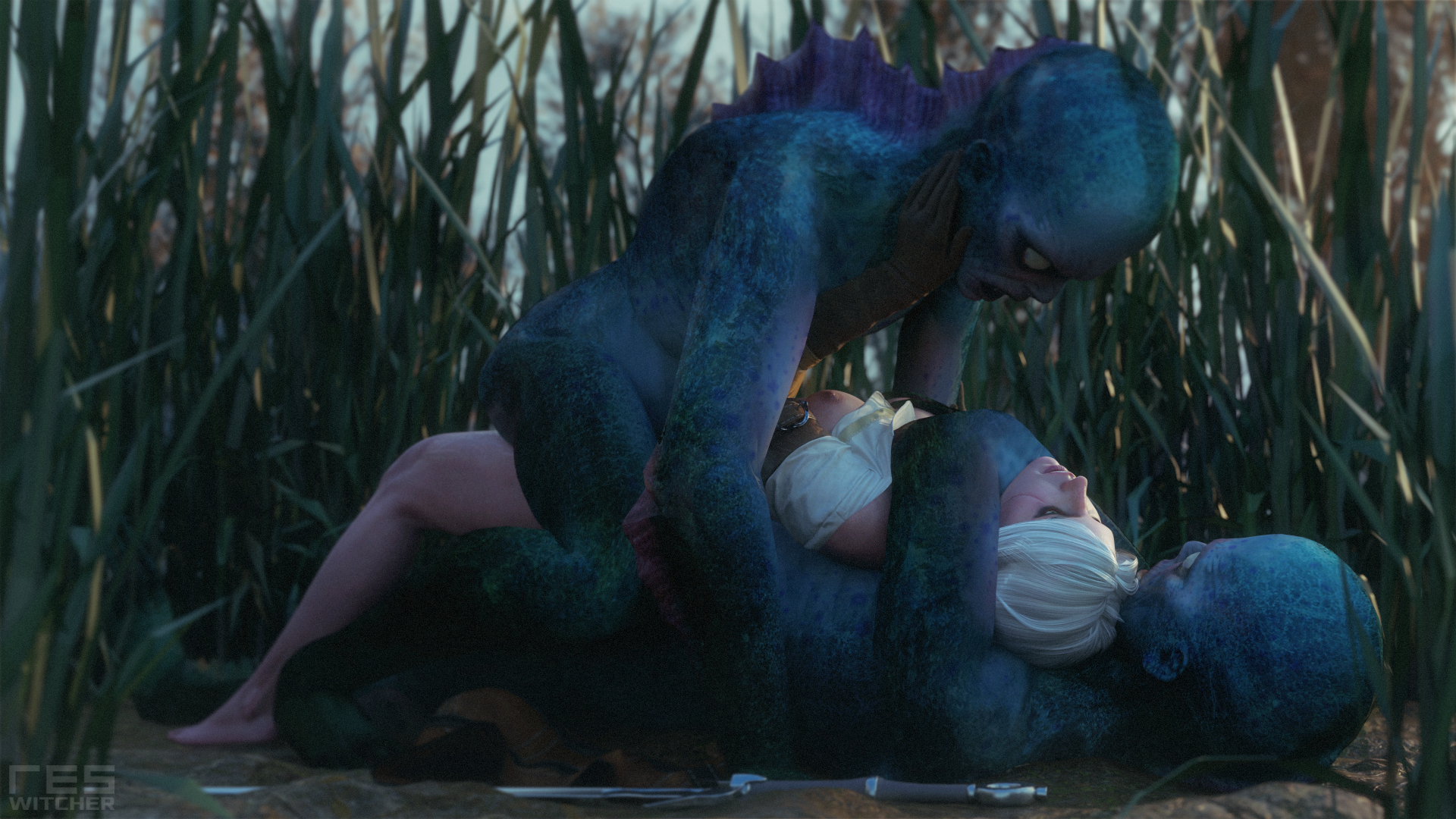 witcherres, ciri, the witcher, 3d, double penetration, green eyes, monster, outside, scar, sex, the witcher (series), white hair, 