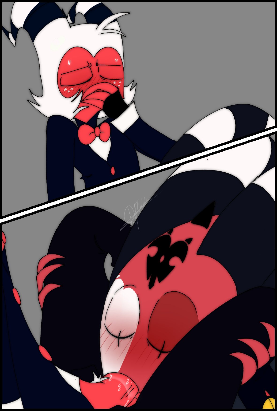 helluva boss, digital drawing (artwork), digital media (artwork), grey background, hi res, simple background, 2021, abstract background, blitzo (helluva boss), blush, bodily fluids, bow tie, cheating with boss, closed eyes, clothing, demon, demon humanoid, duo, fellatio, fingerless gloves, fingers, freckles, genitals, gloves, hair, handwear, horn, horned humanoid, humanoid, imp, kkcq20yk0db5mak, male, male/male, moxxie (helluva boss), multicolored body, multicolored skin, oral, oral penetration, penetration, penile, penis, pubes, red body, red skin, sex, short hair, signature, sitting, suit, sweat, two tone body, two tone skin, white body, white hair, white pubes, white skin, 