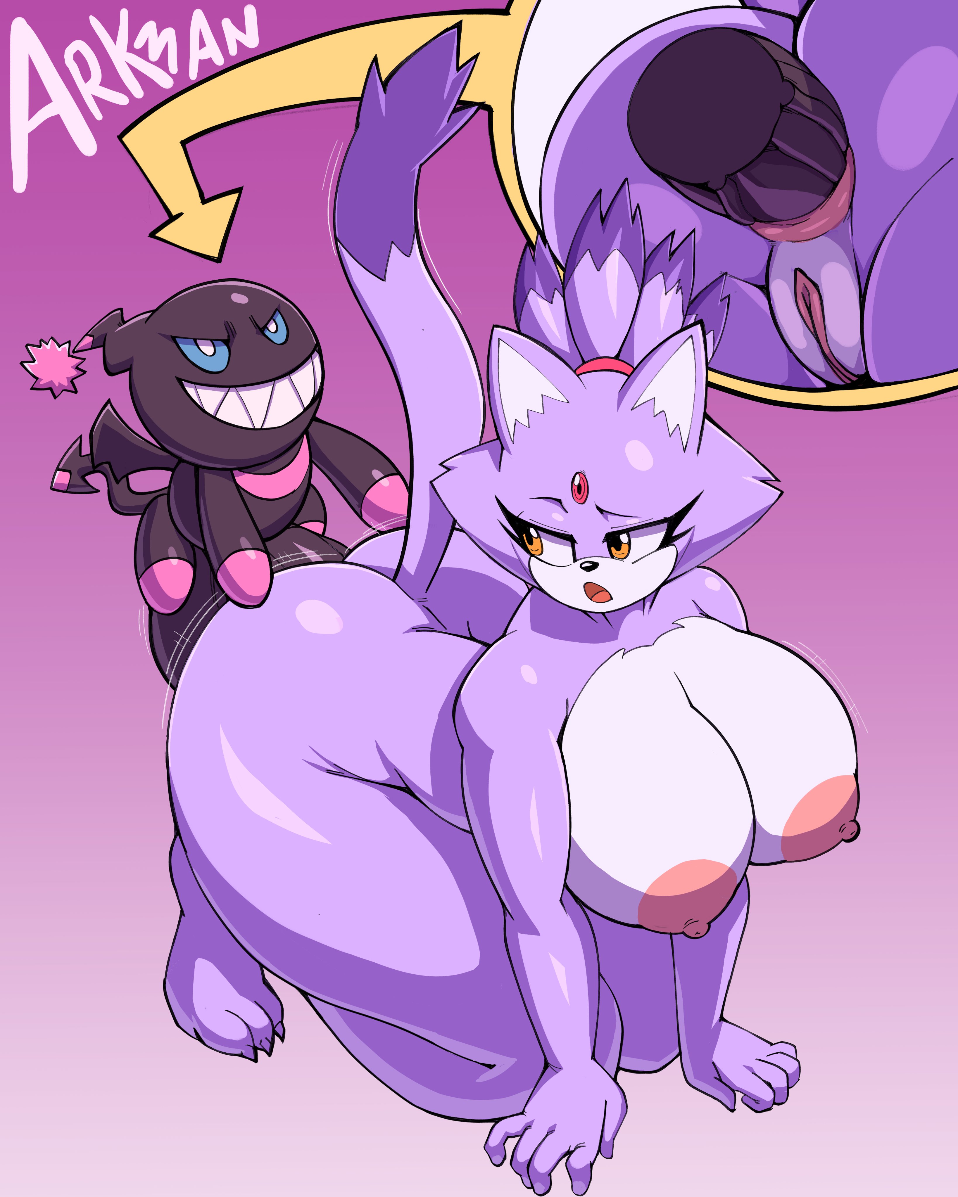 arkanman, blaze the cat, chao (sonic), dark chao, sega, sonic (series), sonic the hedgehog (series), absurd res, hi res, purple background, simple background, all fours, anal, anal sex, anthro, ass, balls, big balls, big breasts, big butt, big penis, black body, blue eyes, breasts, curvy figure, domestic cat, duo, felid, feline, felis, female, female penetrated, flying, from behind position, genitals, larger female, male, male/female, male penetrating, male penetrating female, mammal, nude, penetration, penis, purple body, pussy, sex, sharp teeth, size difference, small but hung, small dom big sub, smaller male, teeth, thick thighs, voluptuous, wide hips, yellow eyes, 