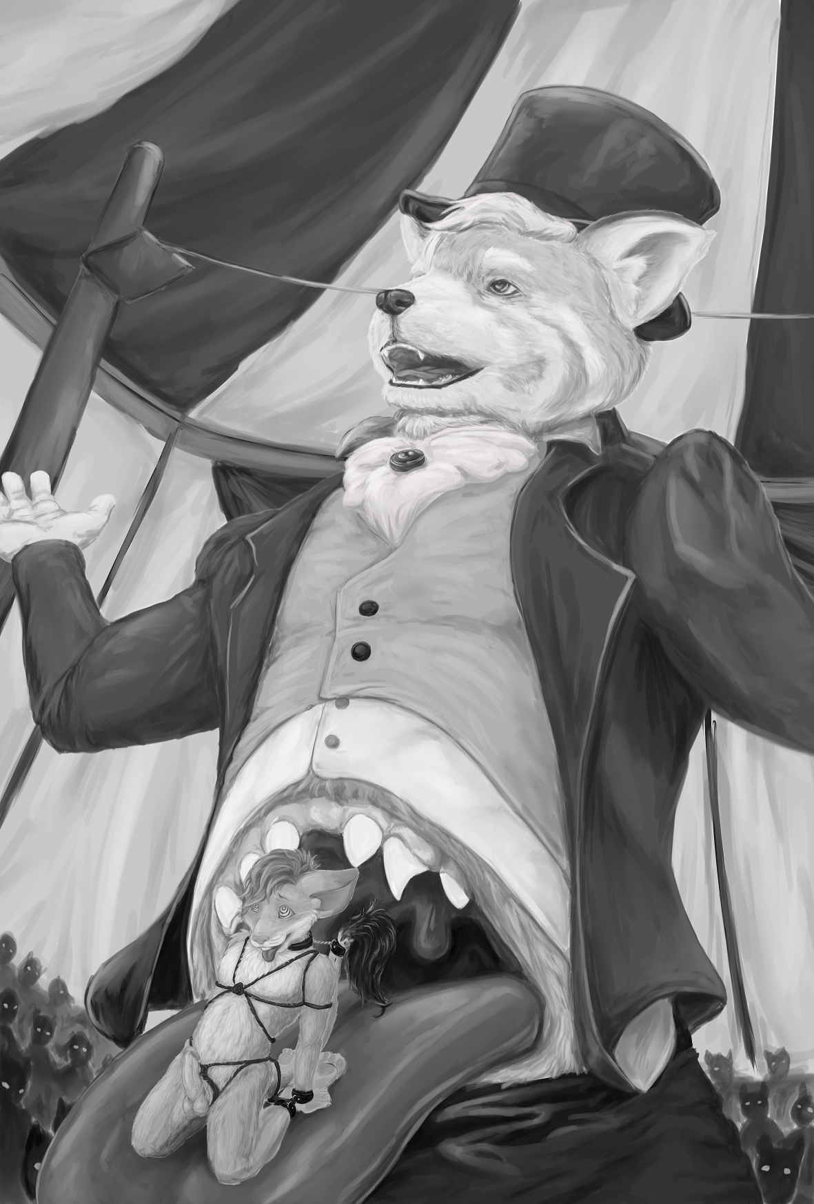 anthro, bondage, bound, circus, erection, hypnosis, male, mammal, miko, mind control, mouse, penis, red panda, rodent, stomach maw, vidnix (artist), vore, yaoi, 