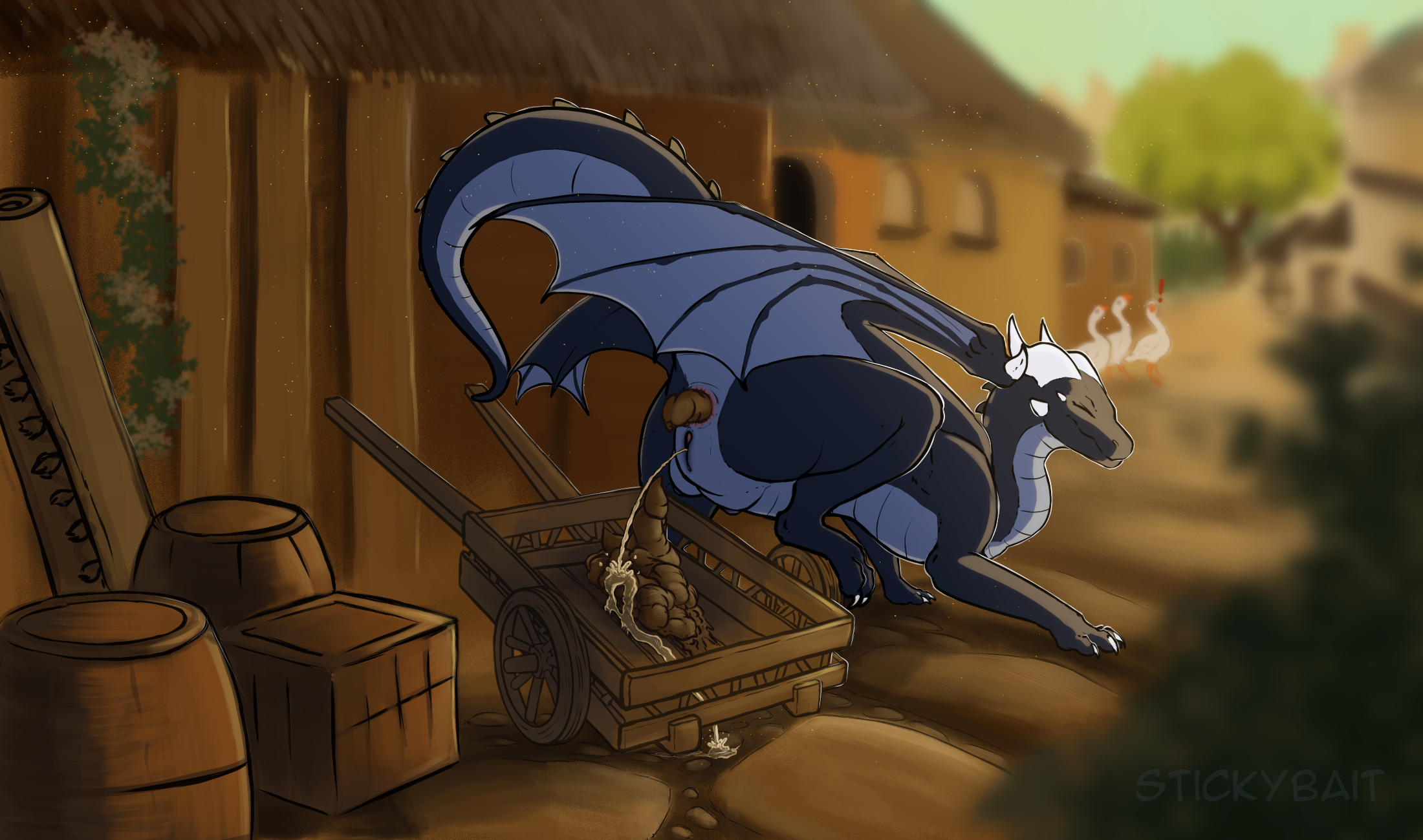 anus ass ass_up barrel blue_body bodily_fluids box breasts cart container crotch_breasts detailed_background digitigrade dragon feces feces_pile female feral full-length_portrait gaping gaping_anus genital_fluids genitals hi_res horn membrane_(anatomy) membranous_wings mythological_creature mythological_scalie mythology peeing plant portrait presenting presenting_anus presenting_hindquarters presenting_pussy pussy quadruped raised_tail rear_view scalie scat solo spikes stickybait tail tree urine village watersports wings