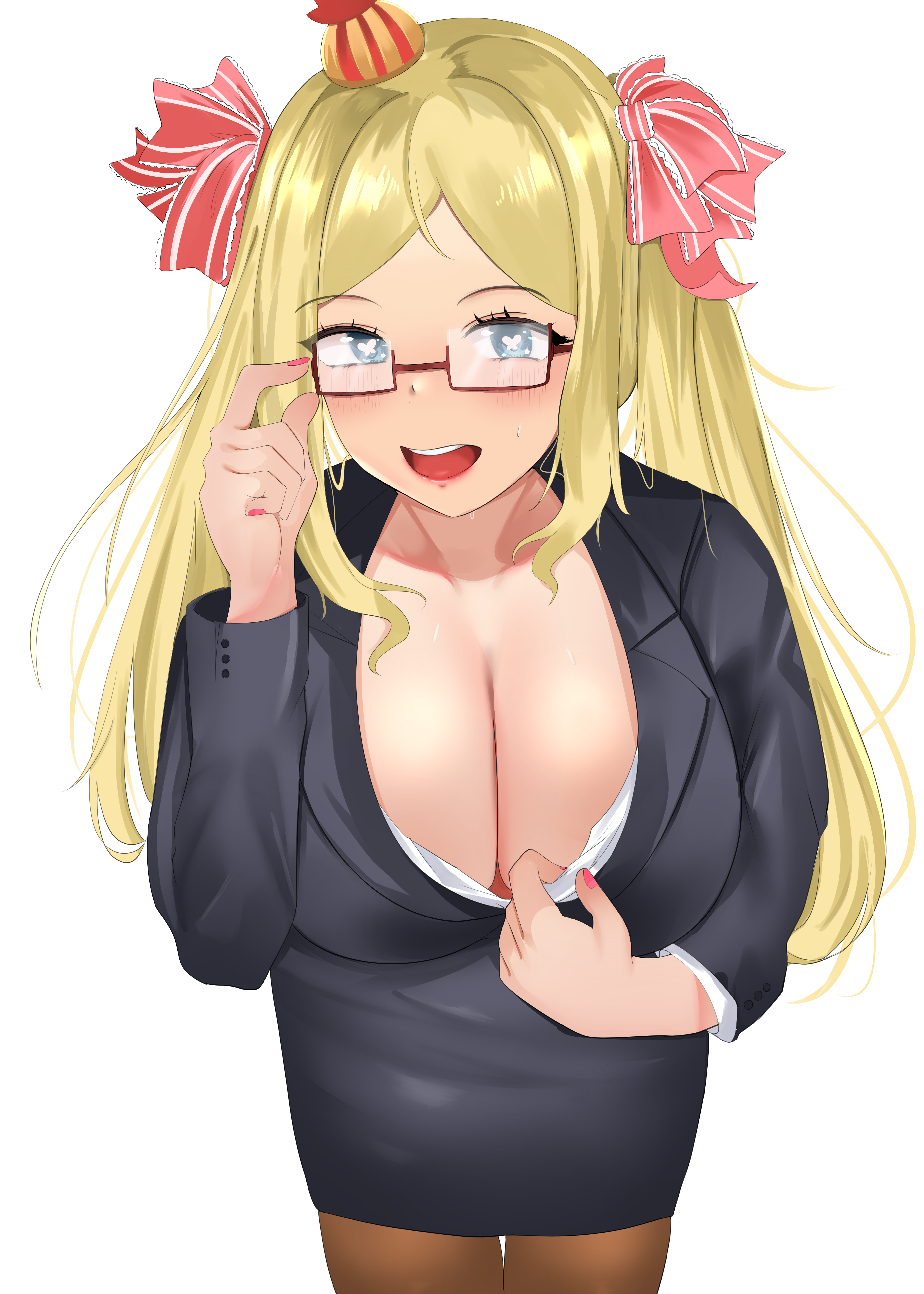 beatrice (re:zero), re:zero kara hajimeru isekai seikatsu, alternate breast size, blonde hair, blue eyes, cleavage, clemensferry, glasses, large breasts, leaning forward, long hair, mini crown, office lady, open mouth, pantyhose, presenting, sidelocks, sweat, symbol-shaped pupils, upper body, 