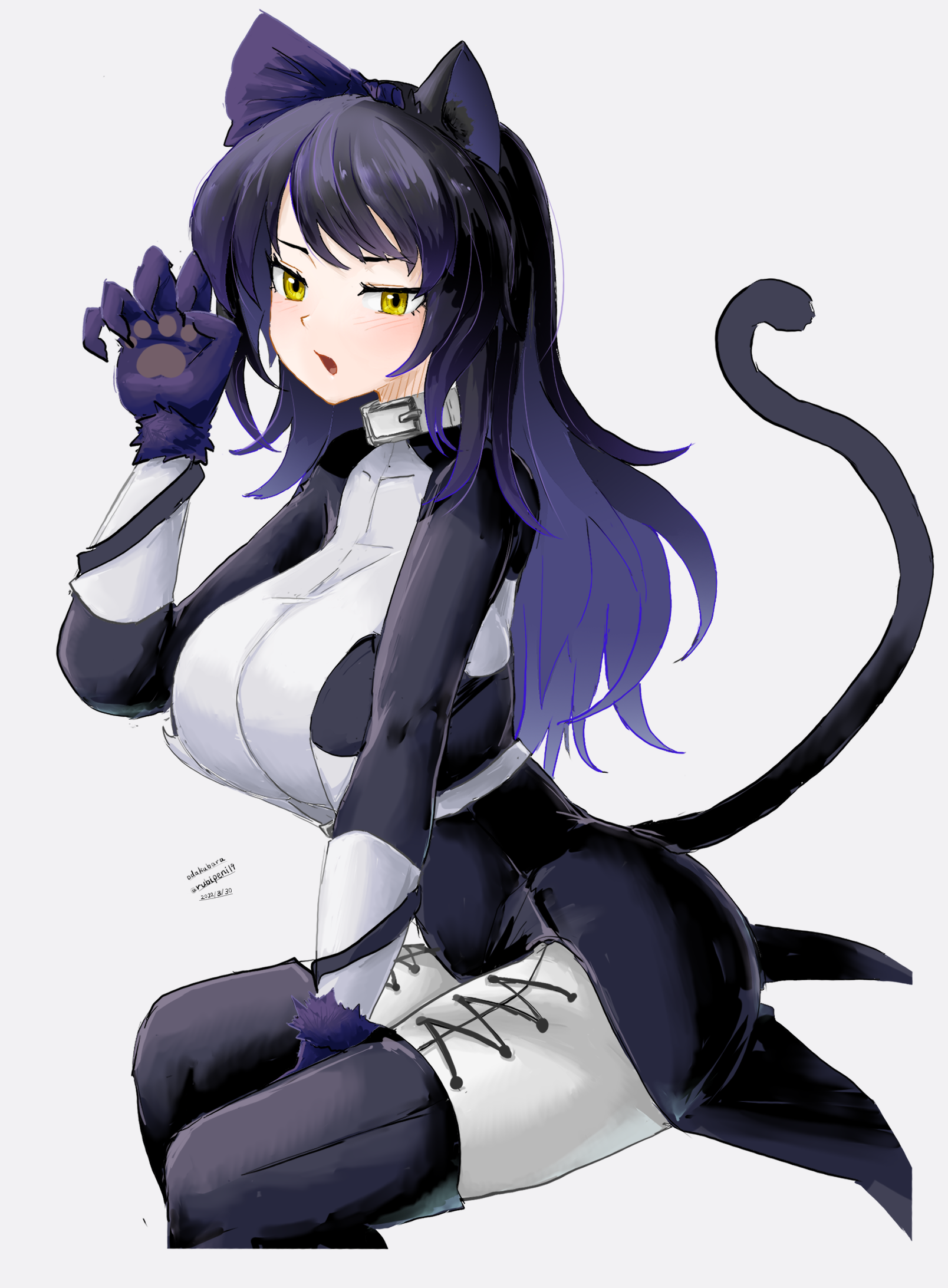 odakubara, blake belladonna, rwby, large breasts, looking at viewer, paws, sitting, tail, yellow eyes, 