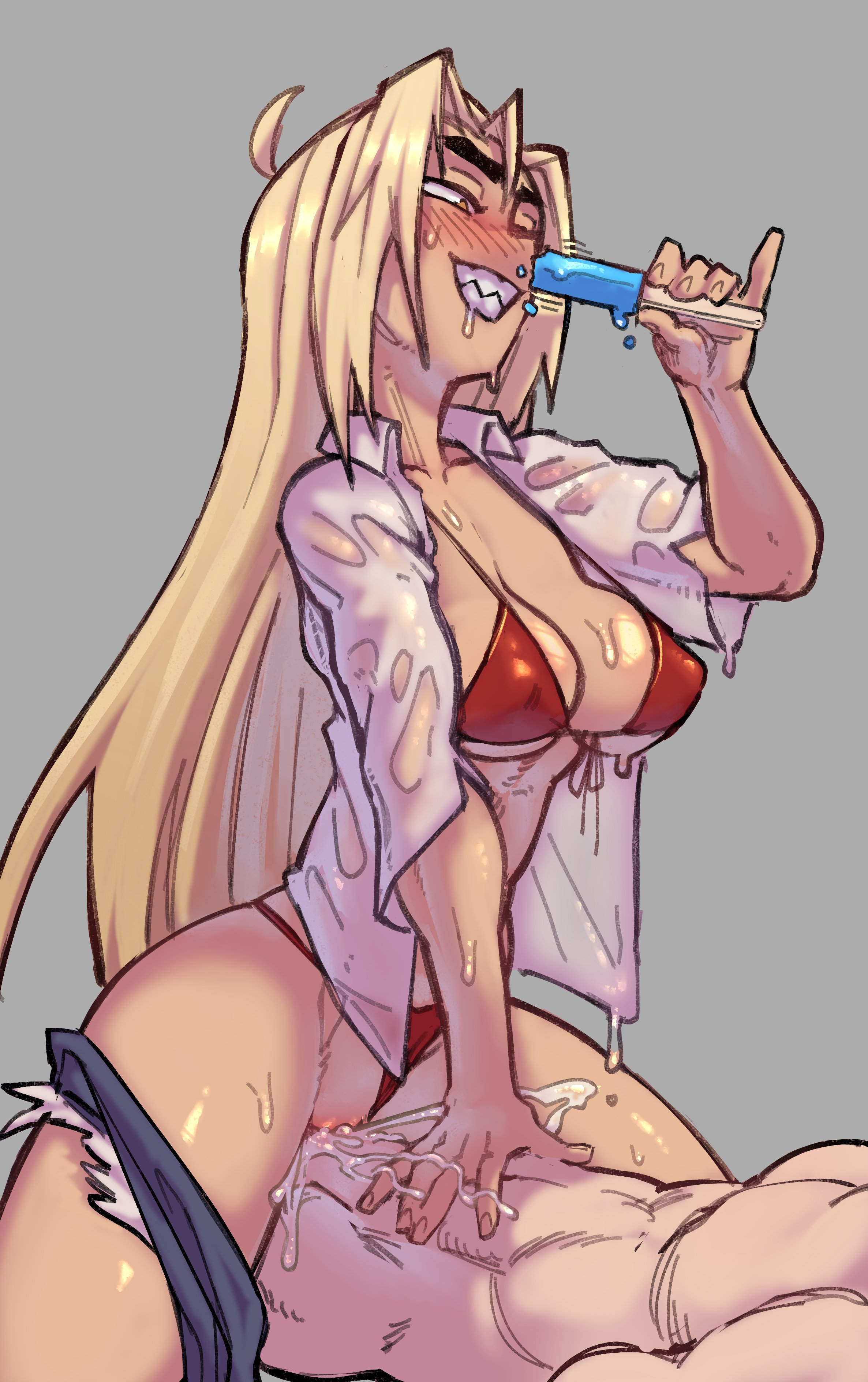absurd res, grey background, 1boy, 1girls, beamboi, bikini, blonde hair, blush, cowgirl position, cum, cum in pussy, cum inside, female, female focus, leaning forward, leaning on hand, long hair, looking down, male, narrowed eyes, nude, nude male, penetration, popsicle, sex, sharp teeth, shirt, shorts, shorts around one leg, teeth clenched, vaginal penetration, wet clothes, 