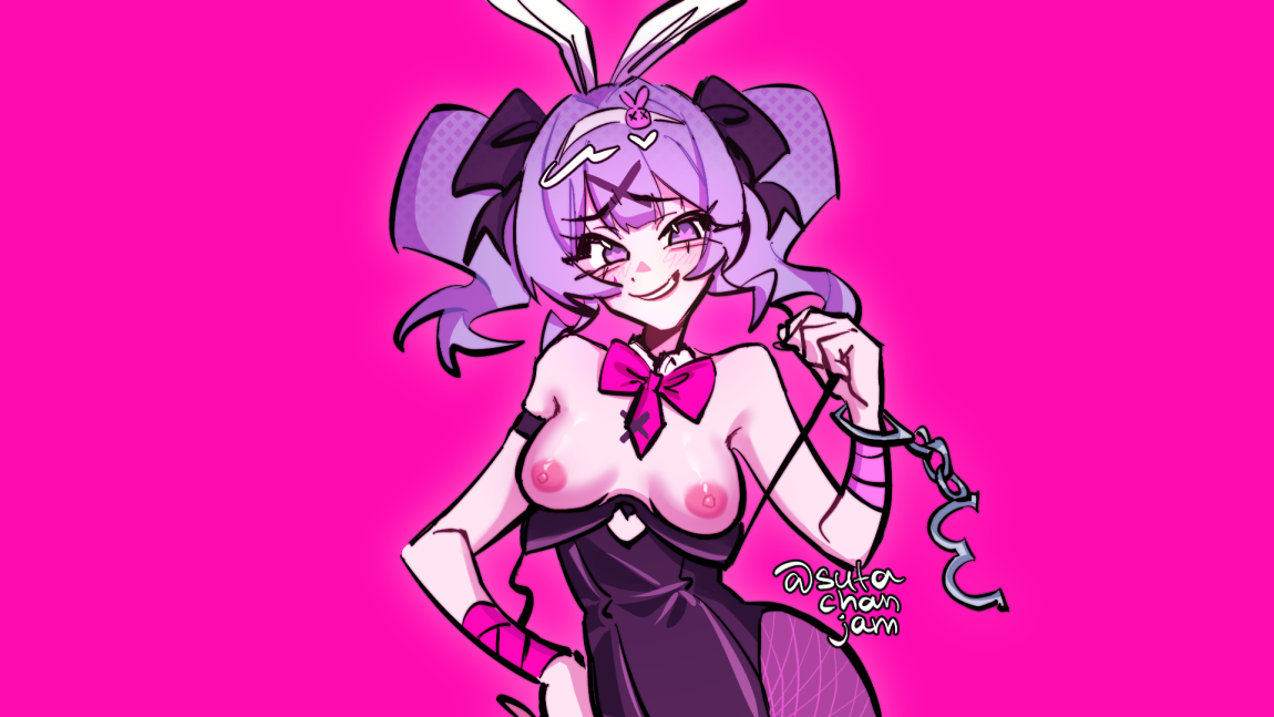 1girls animal at background bare blush bow bowtie breasts bunny collar cuffs detached ears eyes fake female fishnet fishnets grin hand handcuffs hatsune_miku heart hip leotard looking medium_nipples on ornament pantyhose pink playboy purple rabbit rabbit_hole_(deco*27/caststation) rabbit_hole_(vocaloid) ribbon shoulders smile solo strapless sutachanjam twintails viewer wrist