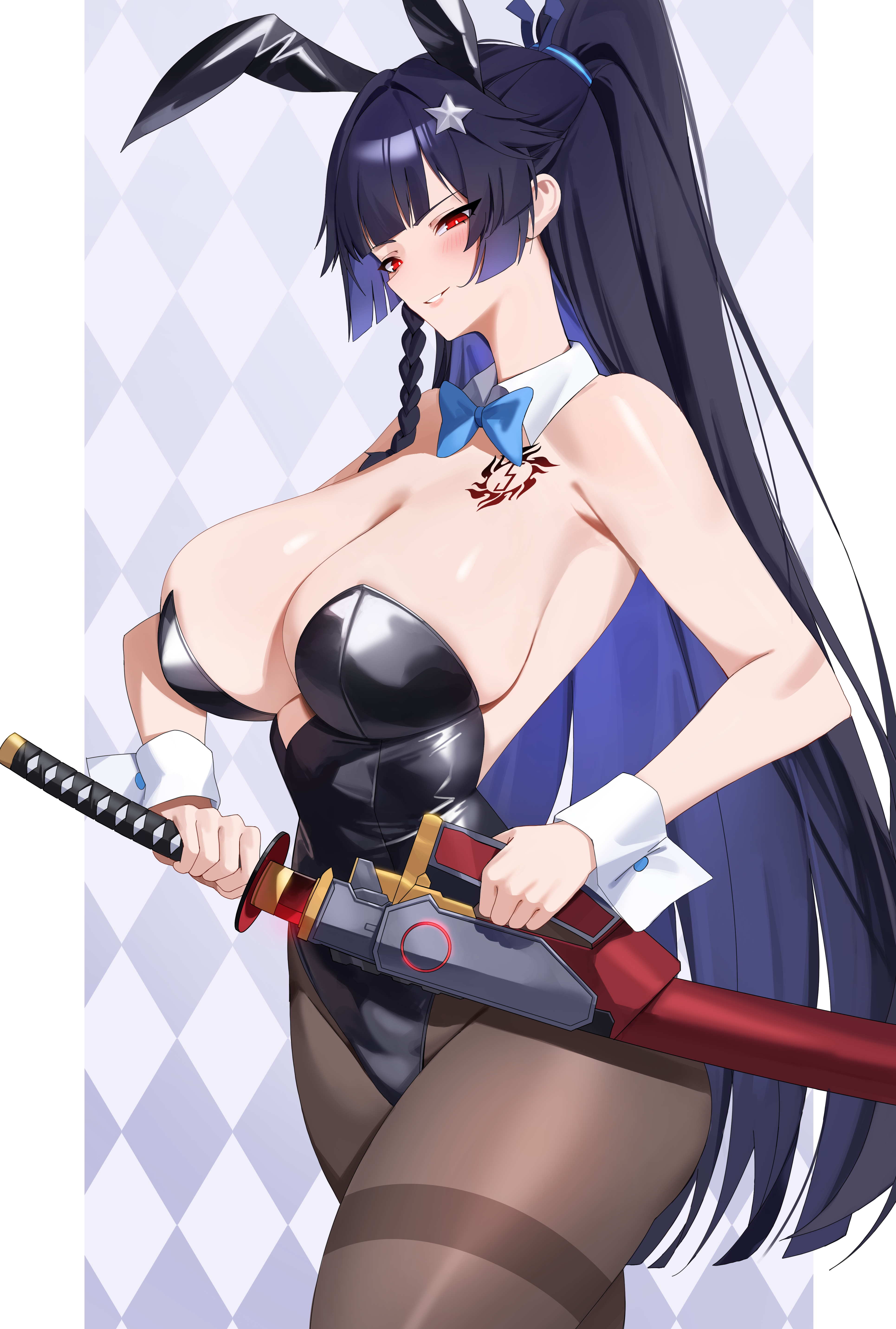 absurdres animal_ear_hairband animal_ears black_hair black_leotard black_pantyhose blue_bow blue_bowtie border bow bowtie breasts checkered_background chest_tattoo cleavage collar commission cowboy_shot ddog detached_collar fake_animal_ears female gradient_background grey_background hair_ornament hairband high_ponytail highres holding holding_sword holding_weapon katana large_breasts leotard pantyhose pillarboxed playboy_bunny ponytail rabbit_ear_hairband rabbit_ears red_eyes shiny_skin sideboob smile solo standing sword tatakau_ataisuru tatakau_ni_atai_suru tattoo teeth underboob weapon white_border white_collar white_wrist_cuffs wrist_cuffs yamaguchi_ryoko