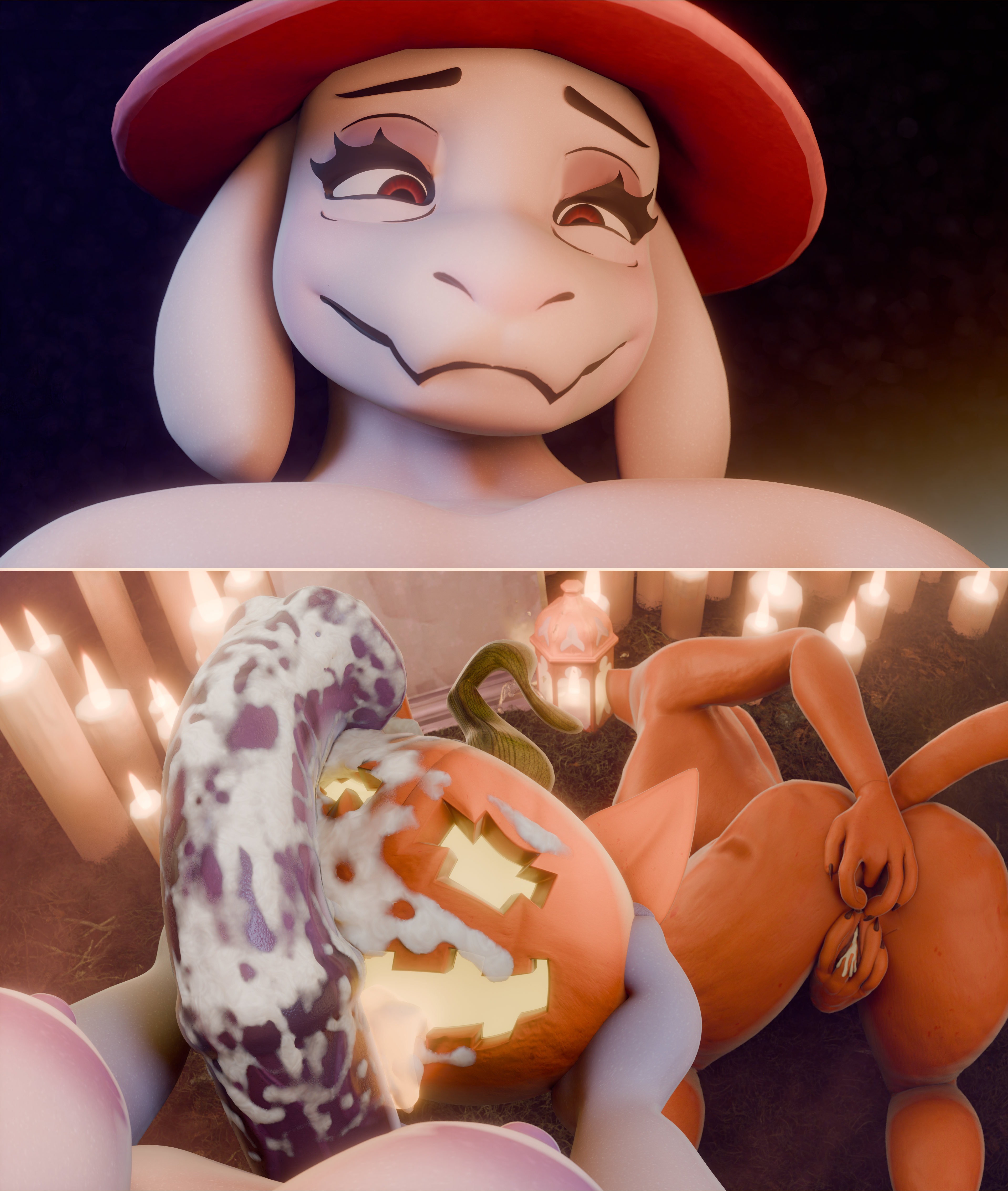 absurd_res ambiguous_fluids animal_genitalia animal_penis anthro big_penis bodily bodily_fluids bovid breasts caprine cat_tail cum cum_on_face detachable detachable_head domestic_cat duo epic_games equine_genitalia equine_penis erection exhibitionism felid feline felis female food fortnite fruit fur genital_fluids genitals goat hi_res huge_cock intersex intersex/female mammal nipples nude oral outside parllyx penis penis_on_face plant pumpkin smile spice_(fortnite) toriel undertale_(series) white_body white_fur