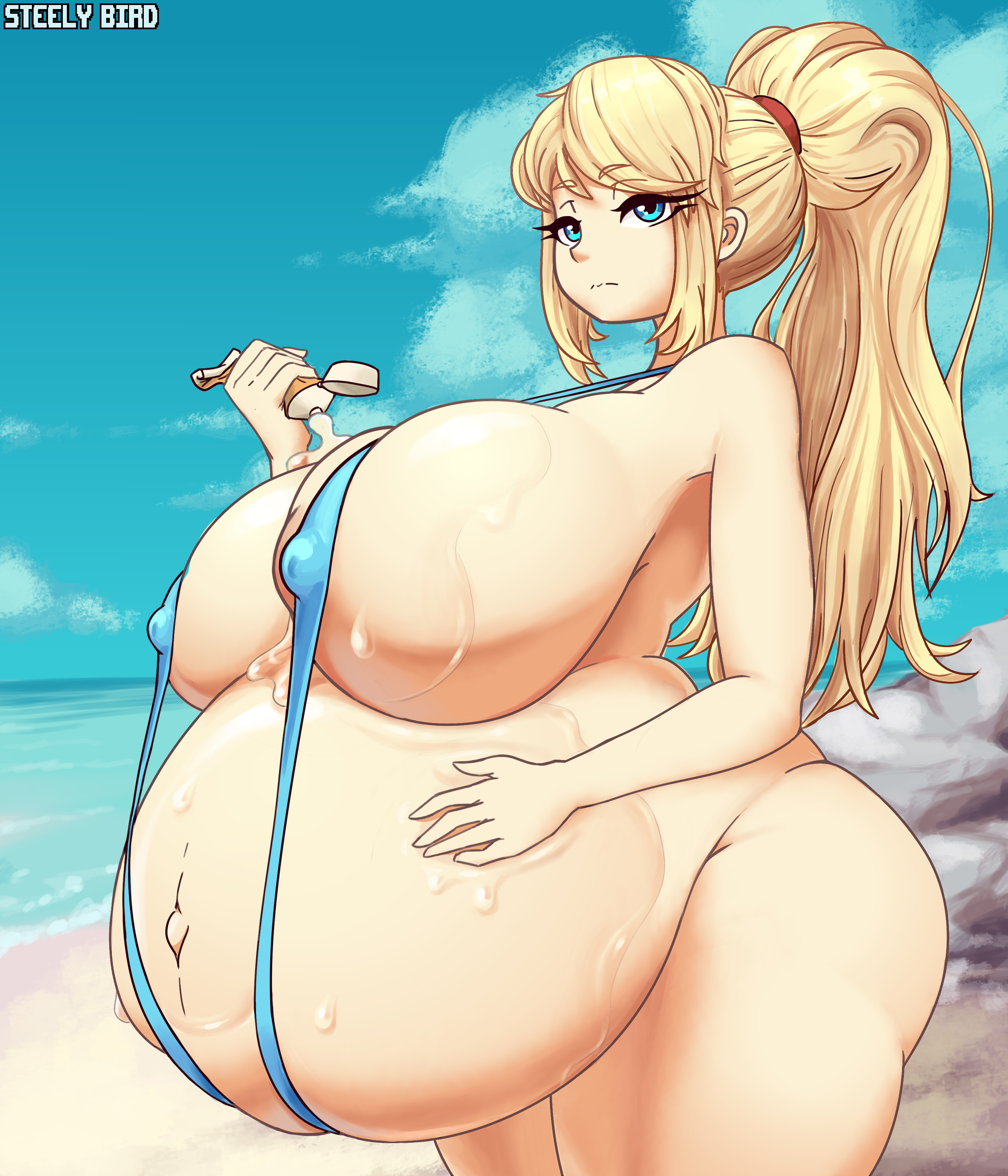 samus aran, metroid, 1girls, areola slip, areolae, beach, belly, big belly, big breasts, blonde hair, blue eyes, breasts, female, hand on belly, large breasts, nipple bulge, oil, ponytail, steelbirdlove, string bikini, sunscreen, 