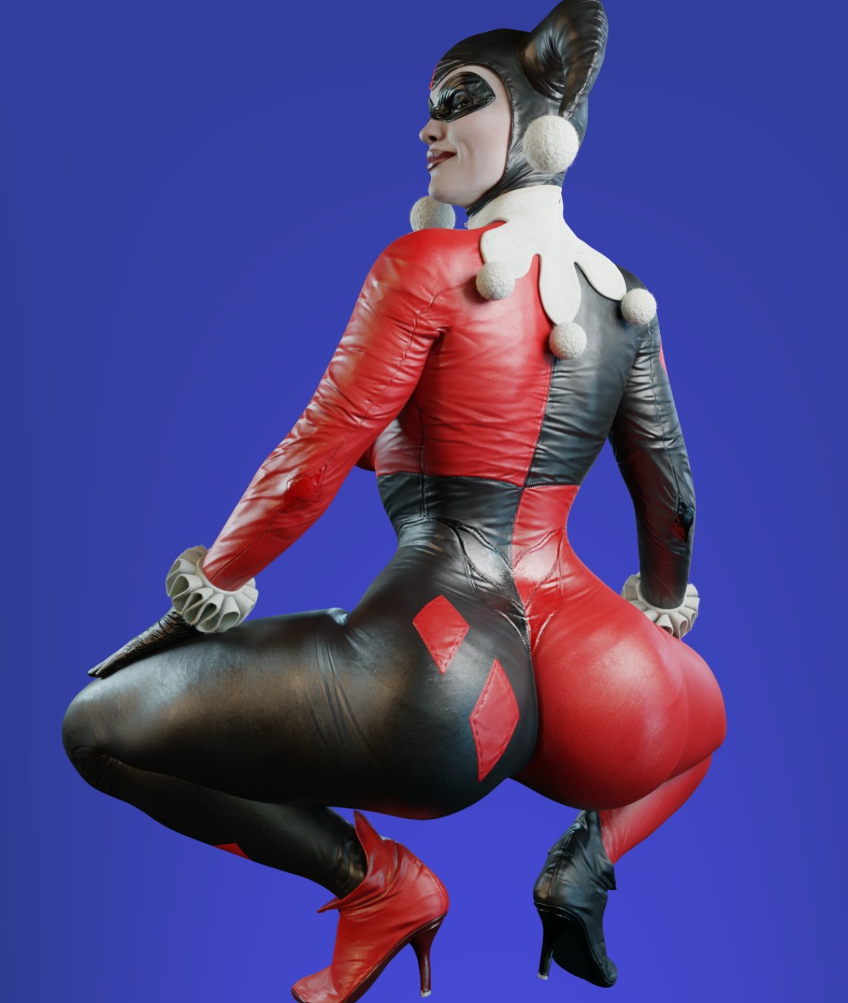 harley quinn, harley quinn (classic), batman (series), dc, dc comics, 3d, 3d (artwork), blender, tagme, 1girls, ass, bending over, big ass, bodysuit, broly culo, female, female only, high heels, large ass, legs, lipstick, makeup, pale-skinned female, skin tight, smitty34, solo female, suit, thick thighs, thighs, 
