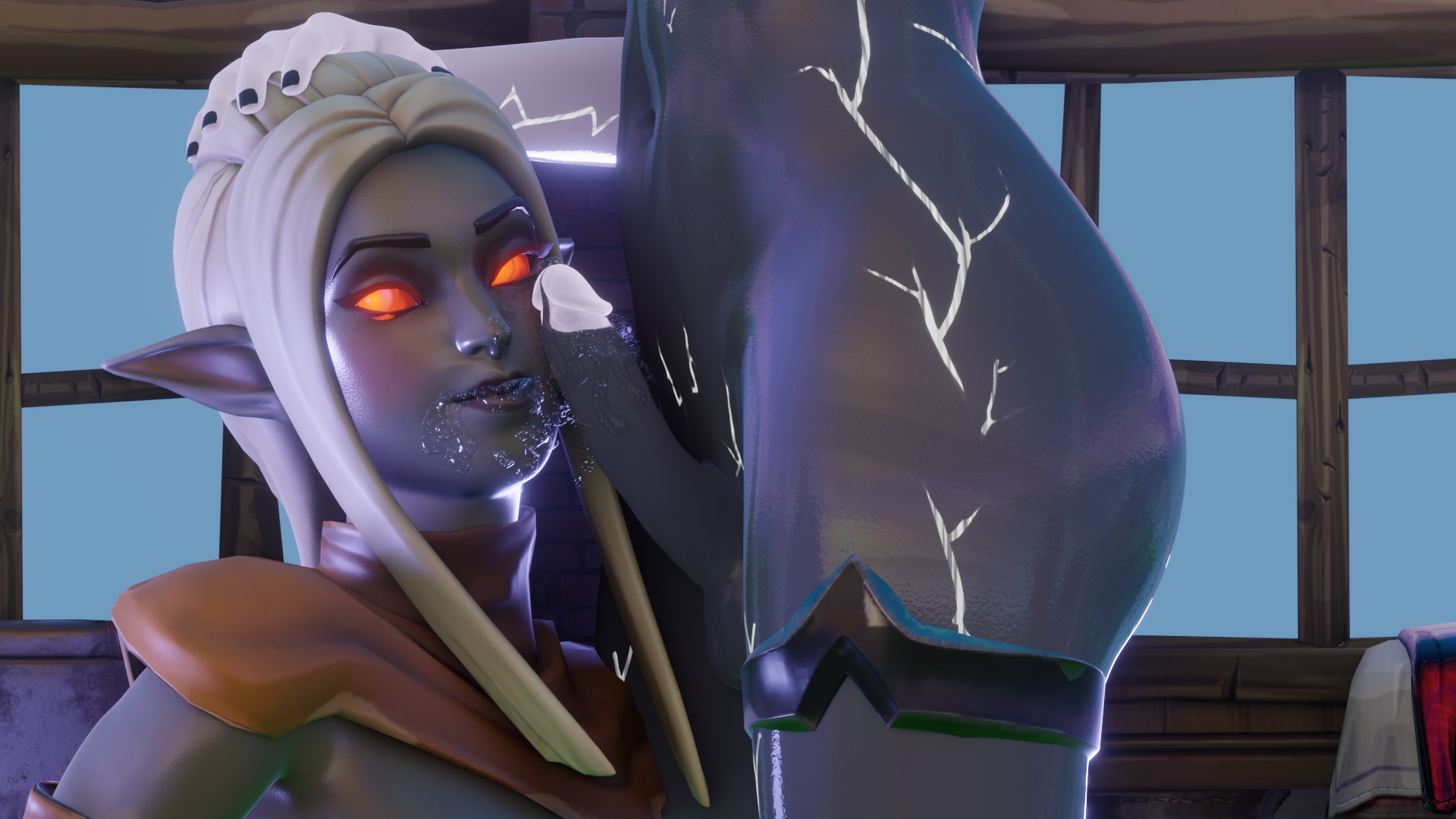 ember (fortnite), fortnite, 1girl1futa, 2girls, ass, erect penis, etheria (fortnite), futanari, glowing glans, grey skin, head grab, kewdlewd, orange eyes, penis, precum, 