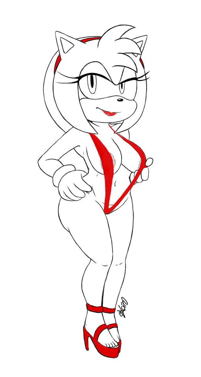 excito, amy rose, sonic (series), anthro, breasts, female, furry, high heels, lipstick, nipples, string bikini, 