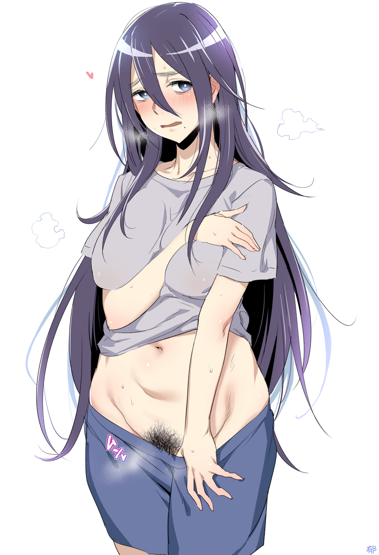 iku (ikuchan kaoru), morioka moriko, netojuu no susume, 1girls, blush, breasts, embarrassed, female, female only, heavy breathing, large breasts, looking at viewer, nipple bulge, no bra, pubic hair, skirt pull, solo, steam, steaming body, undressing, 