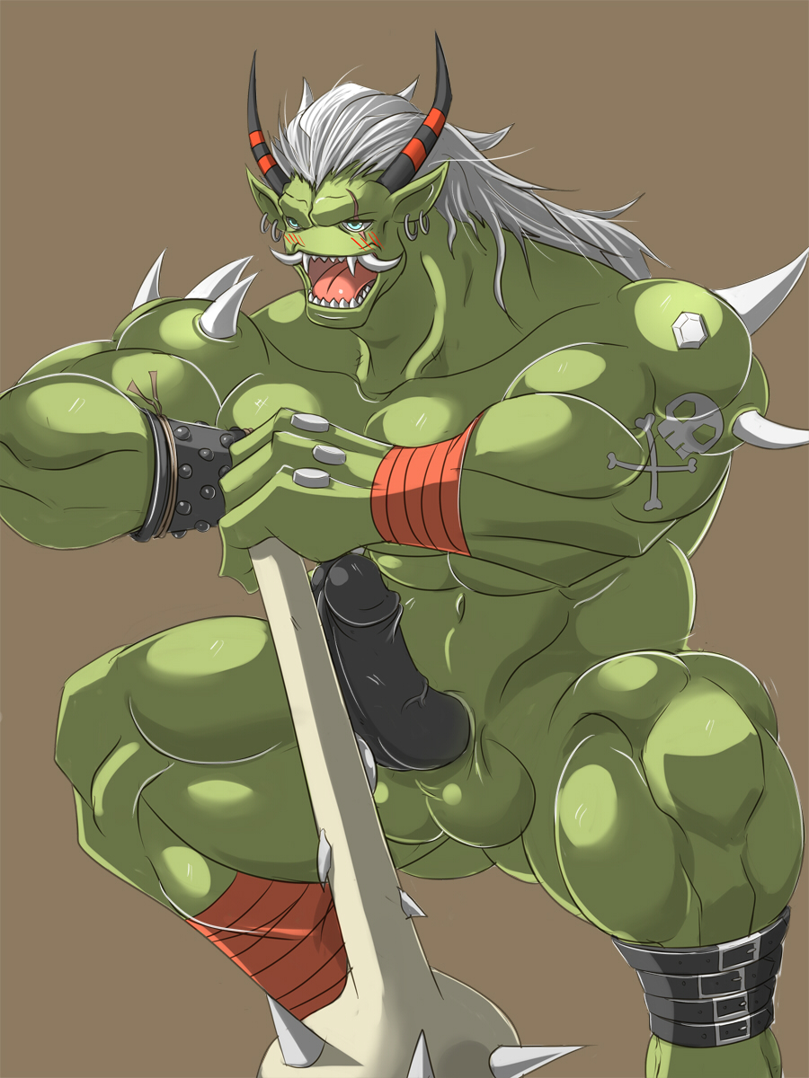 unknown artist, ogremon, digimon, abs, balls, biceps, black penis, blue eyes, blush, bone, crouching, ear piercing, erection, fangs, hair, horn, male, male only, muscles, ogre, open mouth, penis, piercing, solo, spikes, tattoo, teeth, tongue, vein, weapon, white hair, 