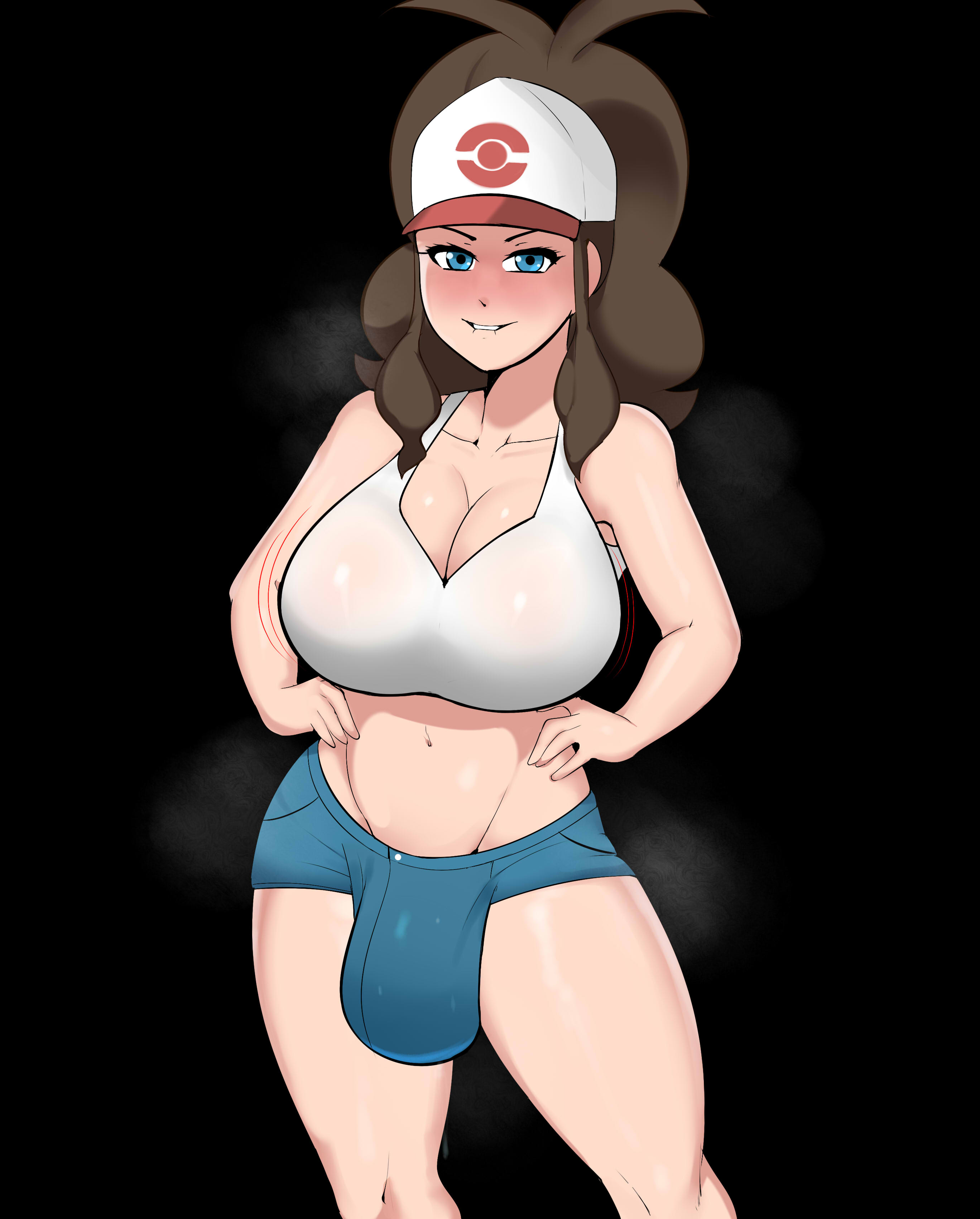 g3mma, hilda (pokemon), game freak, nintendo, pokemon (game), pokemon bw, black background, 1futa, big breasts, blue eyes, blush, breasts, bulge, eye contact, fully clothed, futa only, futanari, hat, looking at viewer, minishorts, penis bulge, pokemon, ponytail, shorts, smile, solo, solo futa, standing, thick thighs, thighs, 