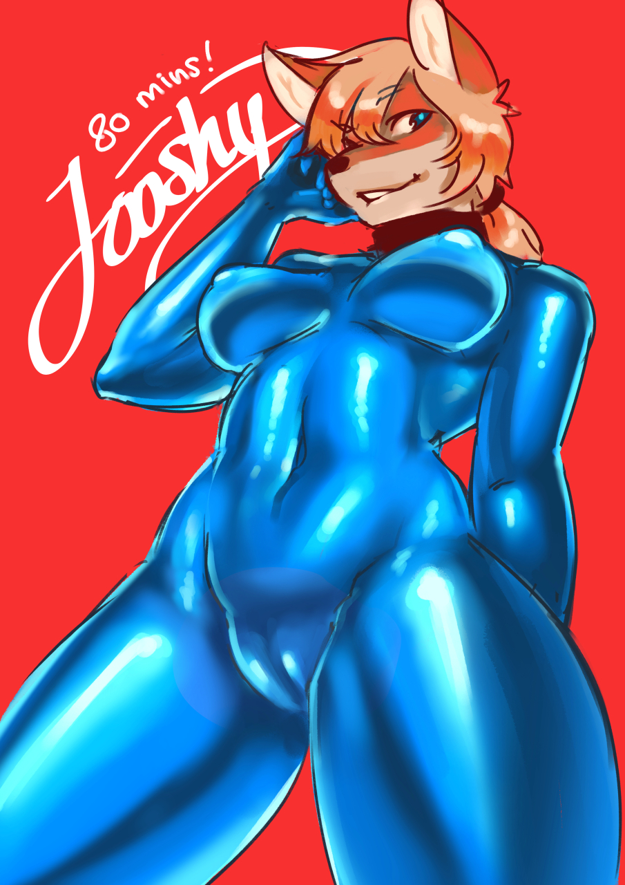 jooshy, 2017, english text, hi res, red background, simple background, text, 5 fingers, anthro, black collar, blonde hair, blue bodysuit, blue eyes, blue latex, blue rubber, blue rubber suit, bodysuit, breasts, camel toe, canid, canine, clothing, collar, female, fingers, fox, fur, glistening rubber, hair, janice brooks, latex, latex clothing, mammal, medium breasts, nipple outline, orange body, orange fur, rubber, rubber clothing, rubber suit, skinsuit, solo, standing, thick thighs, tight clothing, 
