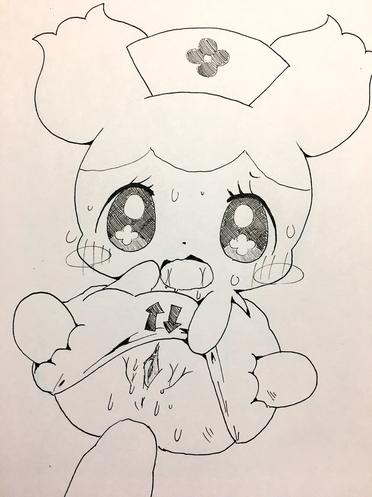 tatwuyan, hotnee (cocotama), kamisama minarai: himitsu no cocotama, 2017, black and white, monochrome, simple background, sketch, traditional media (artwork), white background, anthro, anus, ass, blush, clothing, eyelashes, featureless limbs, female, hair, hat, nurse hat, open mouth, panties, panties down, pussy, saliva, solo, spread legs, spreading, sweat, underwear, 