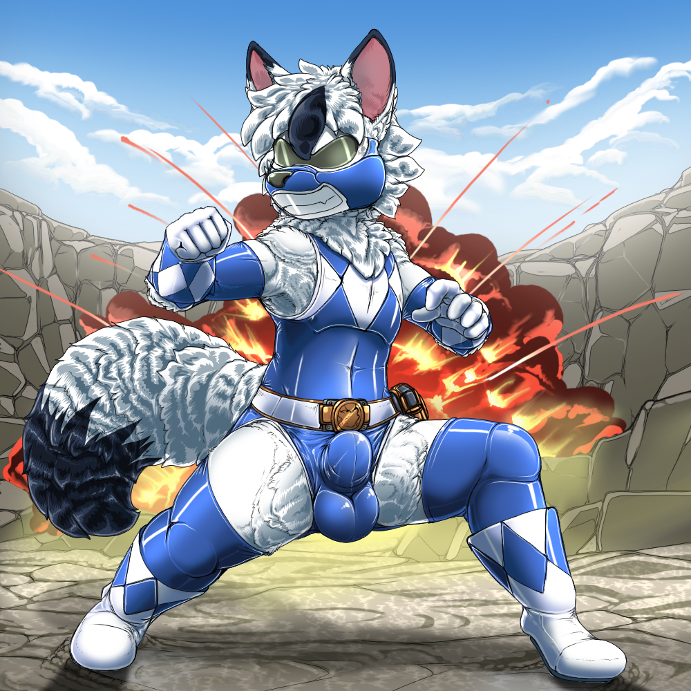 1:1 2024 5_fingers anthro anthro_only balls balls_outline belt biped black_body black_ears black_fur black_hair black_tail black_tail_tip blue_boots blue_clothing blue_footwear blue_gloves blue_handwear blue_mask blue_ranger blue_sky boots bulge canid canine canis chest_tuft clothed clothed_anthro clothed_male clothing cloud costume day detailed_background detailed_bulge digital_media_(artwork) dipstick_tail explosion fighting_pose fingers fire fluffy fluffy_fur fluffy_tail footwear front_view fur genital_outline genitals gloves hair handwear kitsune_youkai leotard male male_only mammal markings mask medallion metal multicolored_body multicolored_boots multicolored_clothing multicolored_ears multicolored_footwear multicolored_fur multicolored_gloves multicolored_hair multicolored_handwear multicolored_mask multicolored_tail outside pink_inner_ear pose power_rangers rock rush_the_wolf skimpy sky skyscape snout solo standing tail tail_markings tight_clothing tuft two-tone_body two-tone_boots two-tone_clothing two-tone_ears two-tone_footwear two-tone_fur two-tone_gloves two-tone_hair two-tone_handwear two-tone_tail white_body white_boots white_clothing white_ears white_footwear white_fur white_gloves white_hair white_handwear white_mask white_tail wolf