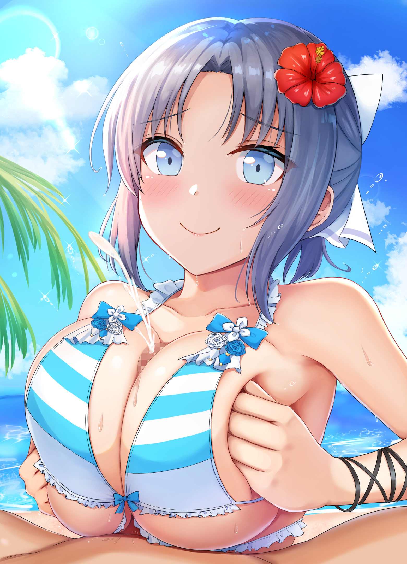 1boy 1girls beach bikini blue_eyes blue_sky blush breasts censored cloud collarbone cum day dolphin_wave ejaculation erection female flower grey_hair hair_flower hair_ornament hair_ribbon hibiscus highres horizon large_breasts light-skinned_female light-skinned_male light_skin looking_at_viewer male mosaic_censoring ocean outdoors paizuri palm_tree projectile_cum red_flower ribbon ritz10_(benben) senran_kagura senran_kagura_estival_versus senran_kagura_shinovi_versus sidelocks sky smile striped_bikini striped_clothes swimsuit tree white_bikini yumi_(senran_kagura)