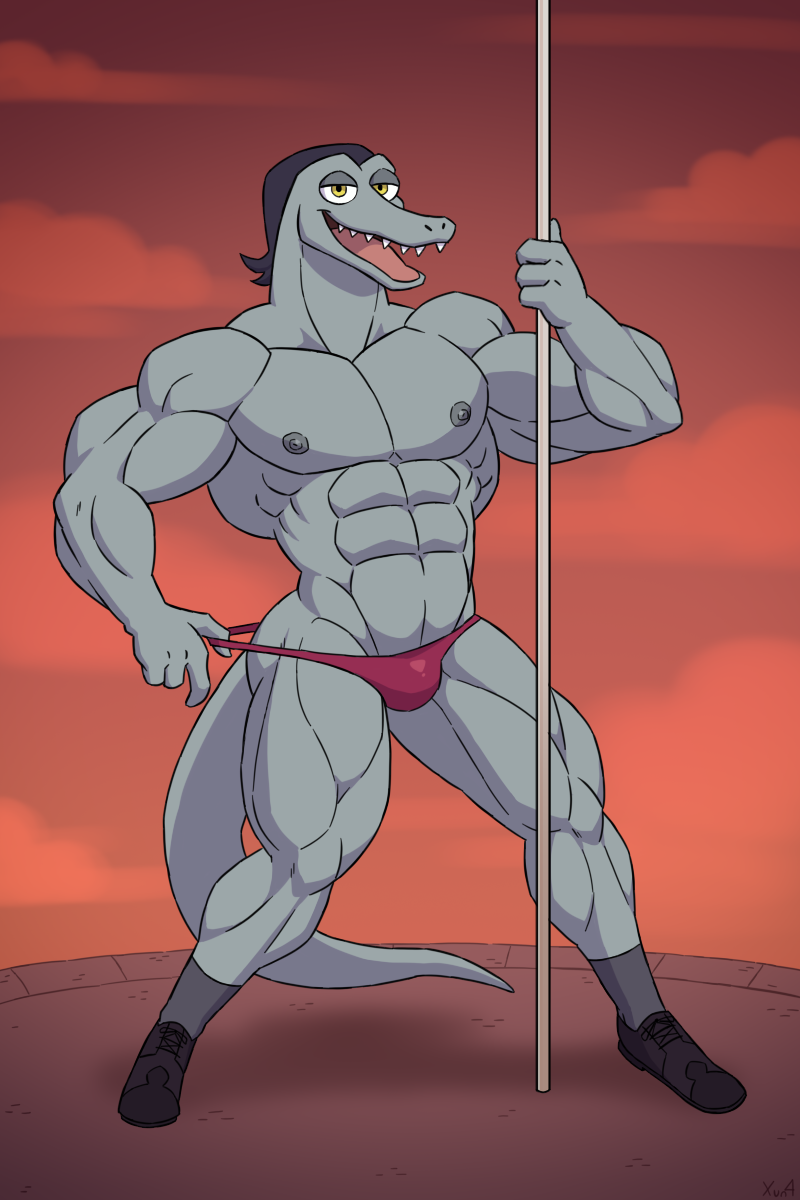 abs anthro biceps clothing cloud dancing dark_hair disney dusk hi_res lizard male muscles muscular neck_muscles nipples pecs pole pole_dancing quads red_clothing red_thong red_underwear reptile scalie septarian smile solo star_vs_the_forces_of_evil tail teeth thong toffee_(svtfoe) triceps underwear undressing_self xun4 yellow_eyes