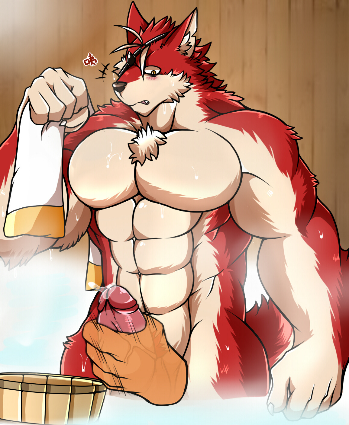 alex168wang, hi res, 5 fingers, abs, anthro, canid, canine, countershade arms, countershade face, countershade fur, countershade neck, countershade torso, countershading, disembodied hand, duo, erection, eye patch, eyewear, fingers, fur, genitals, glans, handjob, humanoid genitalia, humanoid penis, inner ear fluff, male, mammal, muscular, muscular anthro, muscular male, pecs, penile, penis, red body, red fur, sex, tail, tuft, vein, veiny penis, 